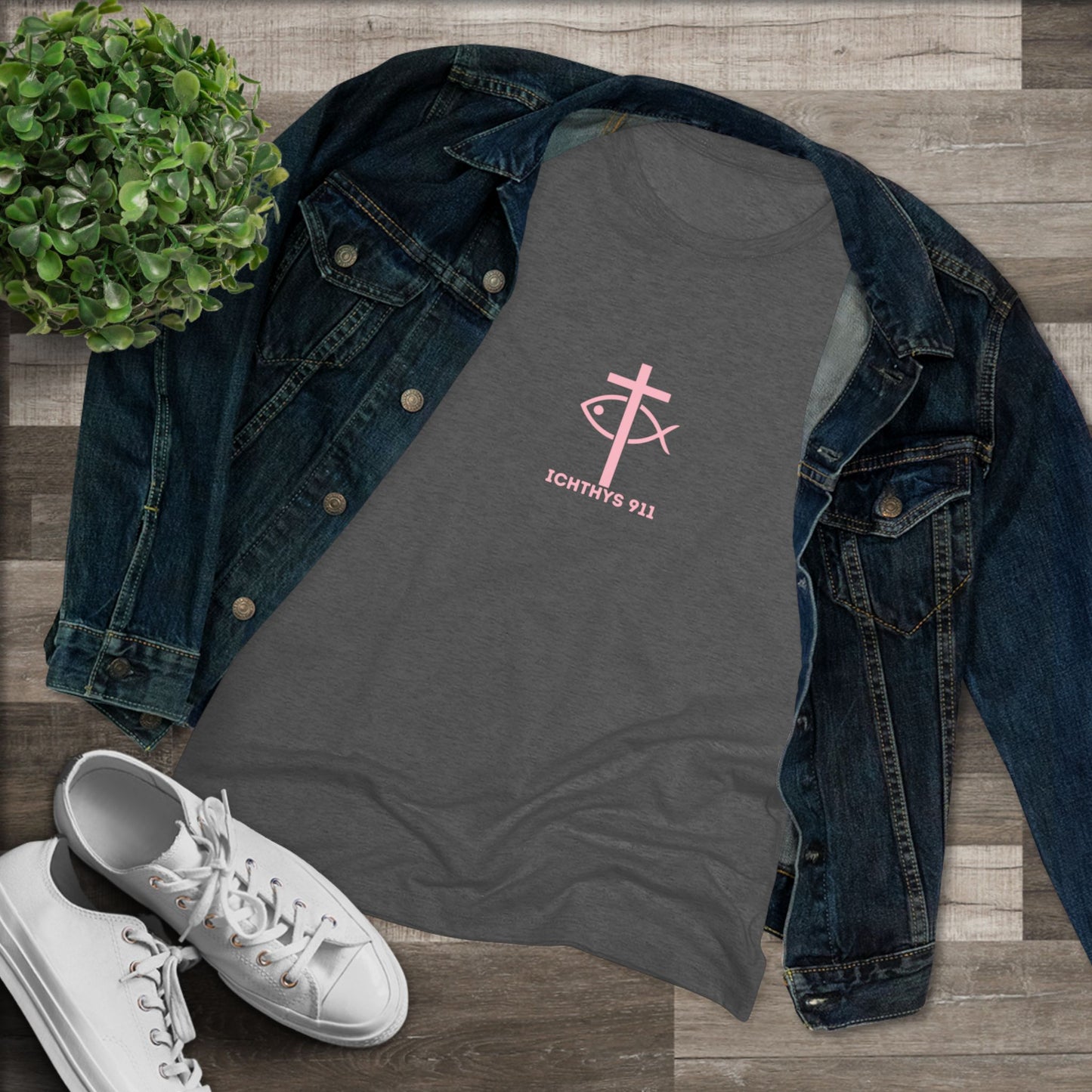 ICHTHYS 911 "IC Round Collection" Pink Font - Inspirational Women's Triblend Tee - Women T-Shirt - 50% polyester, 25% cotton, 25% ryaon