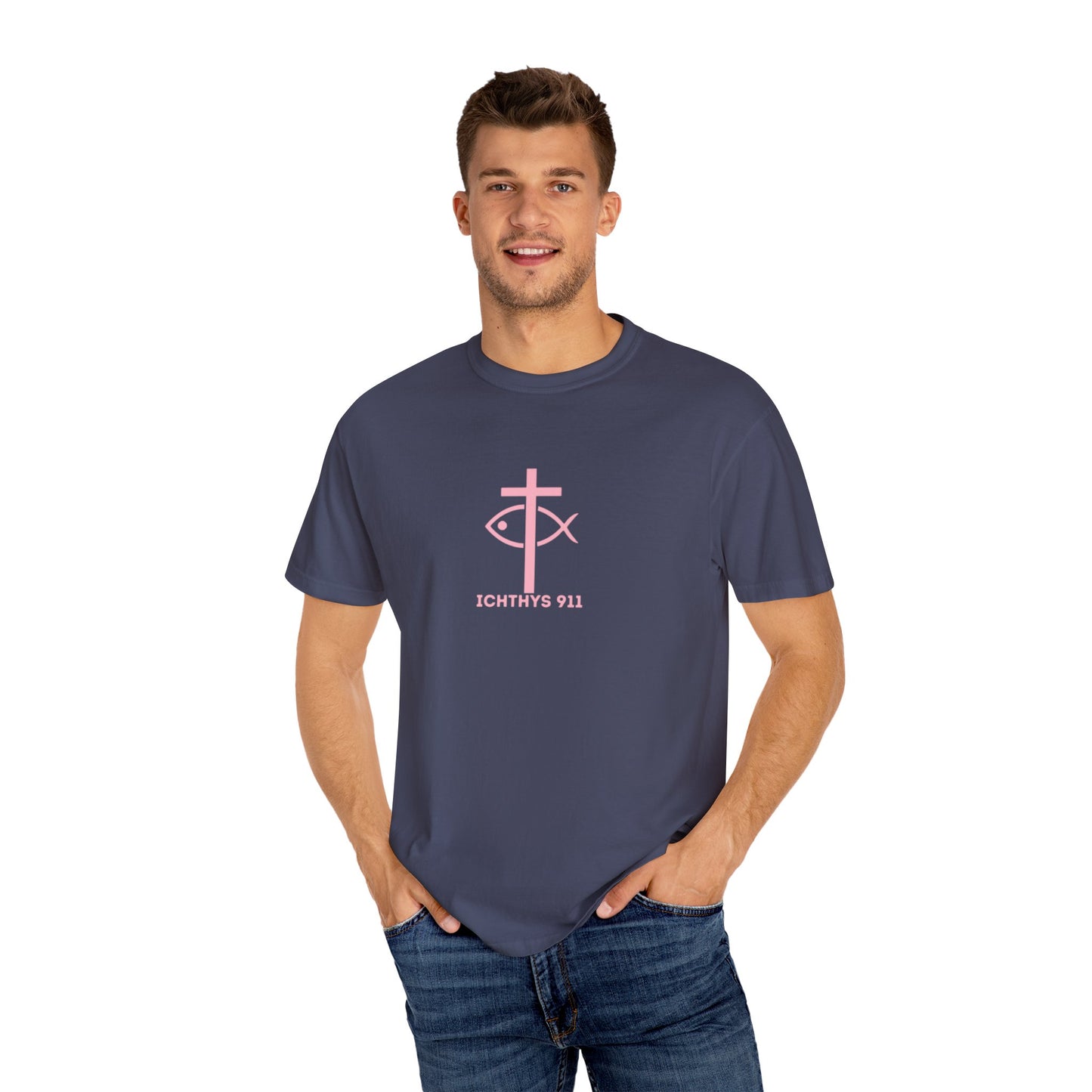 ICHTHYS 911 "Strength Through Christ Philippians 4:13" - Pink Font - Unisex Garment Dyed T-Shirt - 100% US Cotton -Men T-Shirt - Women T-Shirt - Christian Activewear - Wear Your Faith - T-Shirt