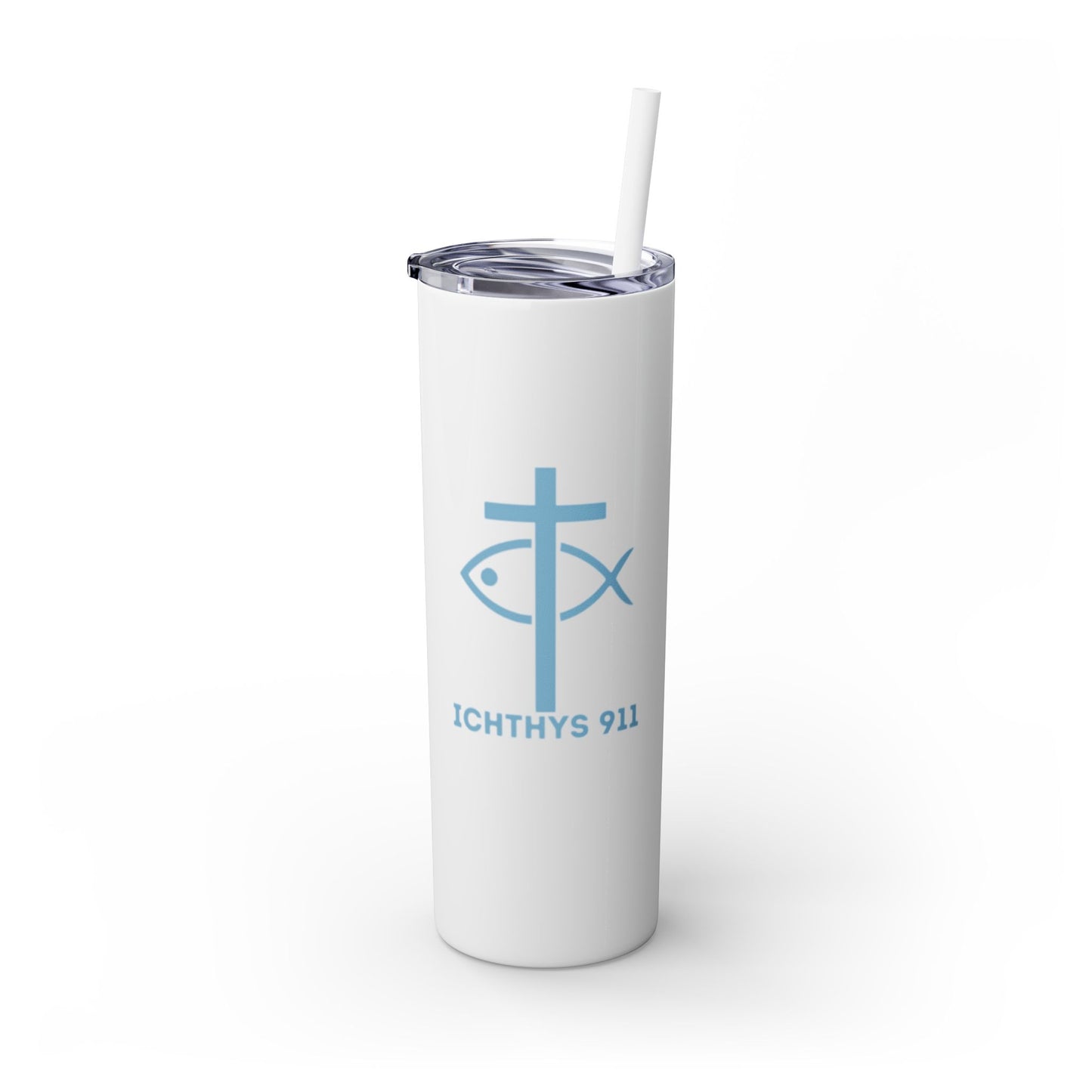 ICHTHYS 911 - Blue Font - Faith-Inspired Skinny Tumbler with Straw - 20oz Baby Shower Drip
