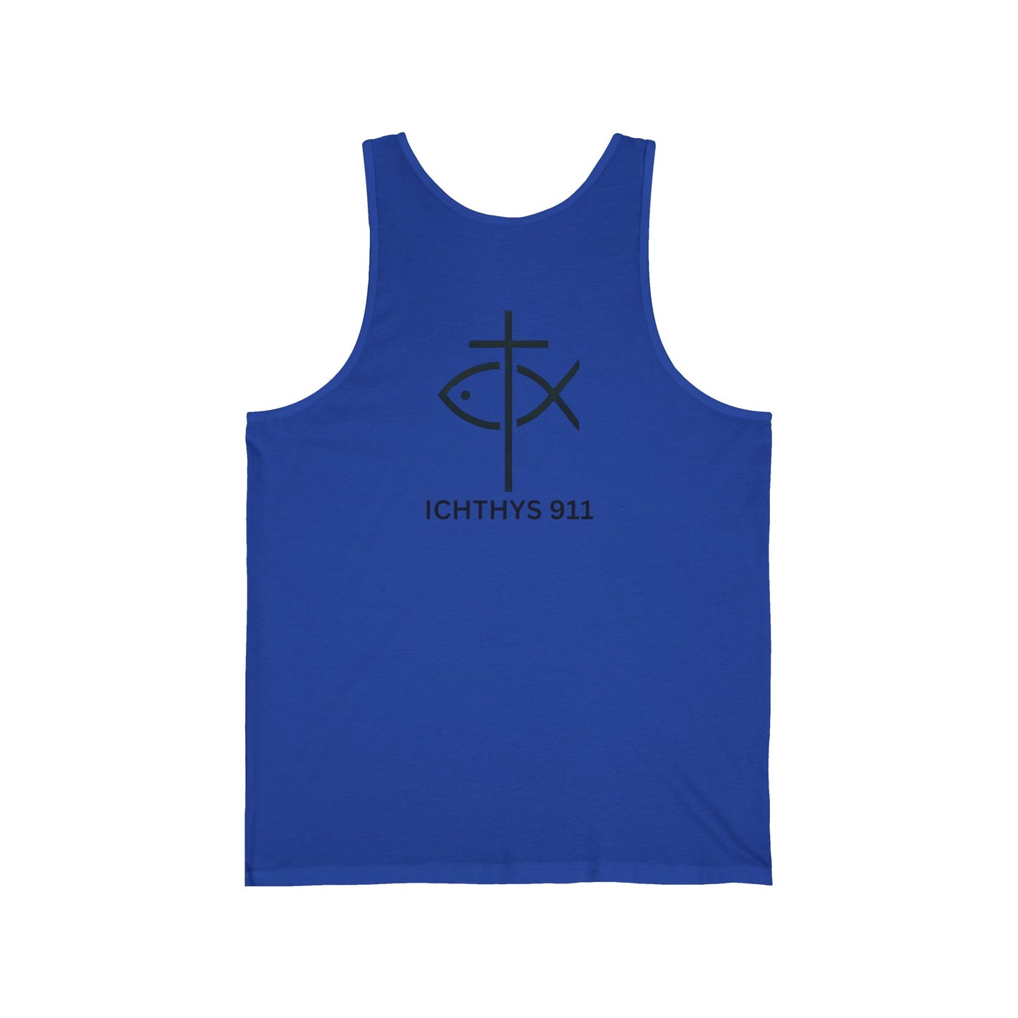 ICHTHYS 911 - Jersey Tank Badge Logo - Casual Christian Symbol Graphic Tee - Unisex