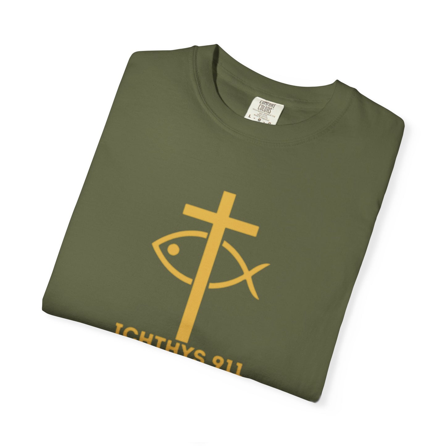 Iēsous Christos, Theou Yios, Sōtēr = Jesus Christ, Son of God, Savior - Gold Font - Unisex Garment Dyed T- Shirt - Men T-Shirt - Women T-Shirt - Christian Streetwear T-Shirt – Jesus Gym & Faith Fashion,ICHTHYS 911 -