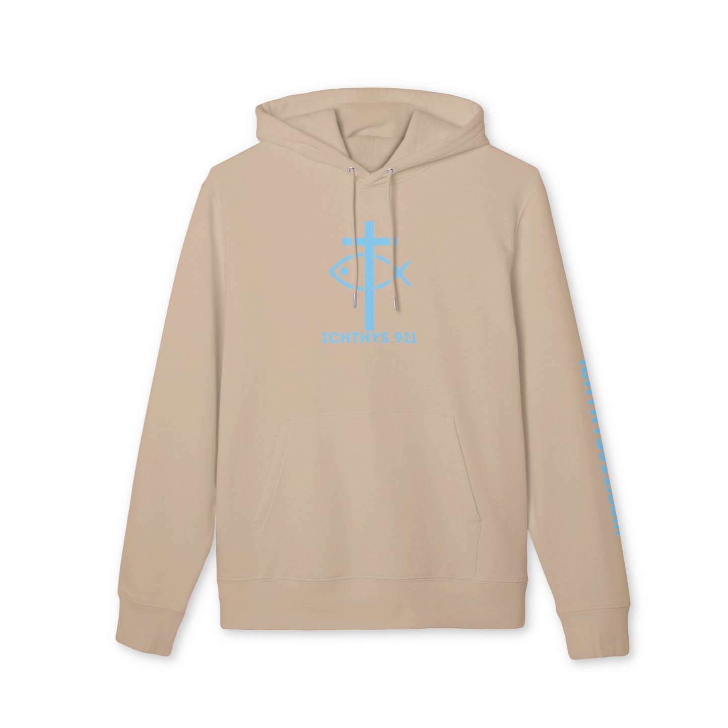 Iēsous Christos, Theou Yios, Sōtēr = Jesus Christ, Son of God, Savior - Unisex - Blue Font - Sweatshirt - ICHTHYS 911 - Hoodie -100% Organic- Heavy