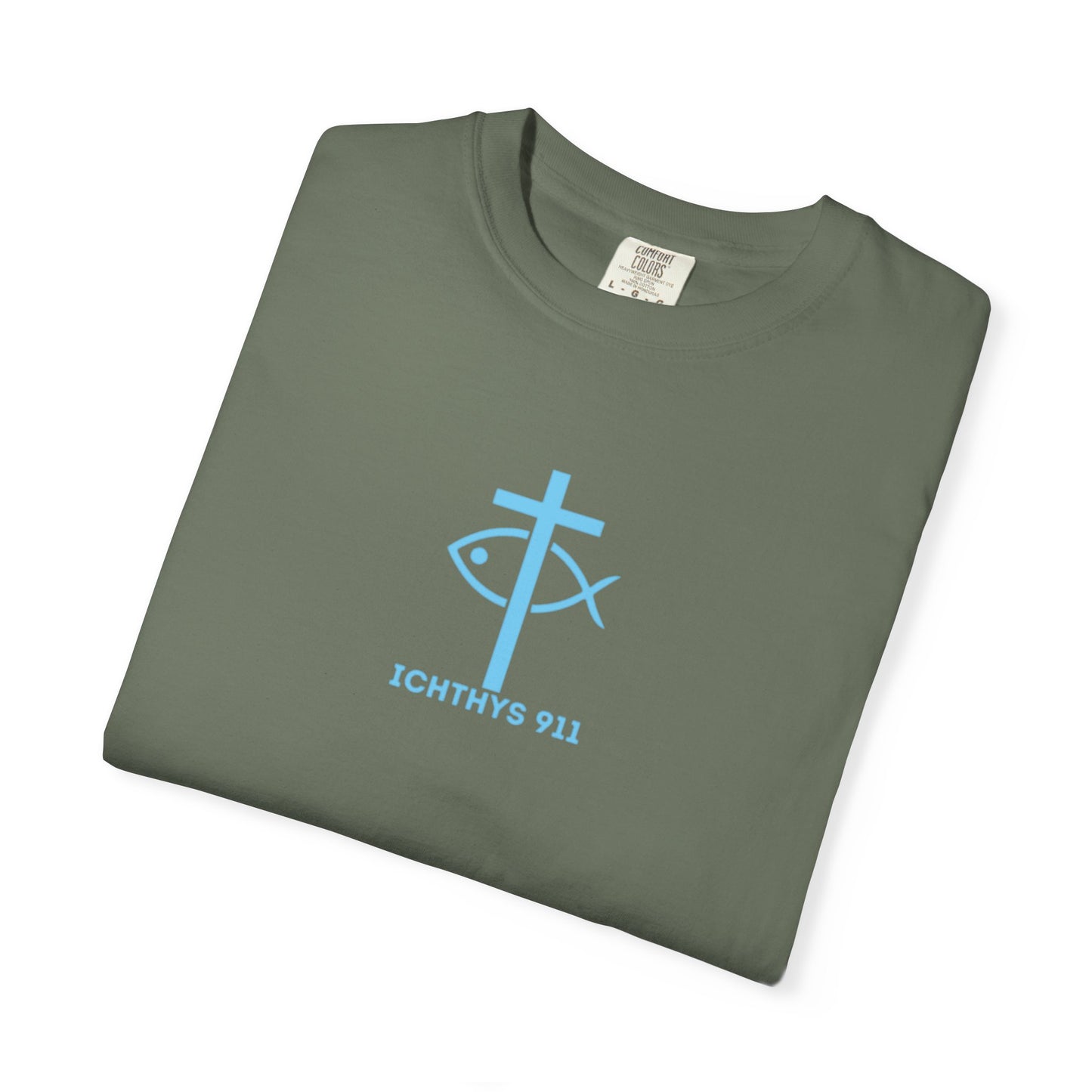 ICHTHYS 911 - "Jesus Christ Son of God Savior" Blue Font - Christian Streetwear T-Shirt – Jesus Gym & Faith Fashion, Unisex Garment-Dyed T-Shirt Blue Font