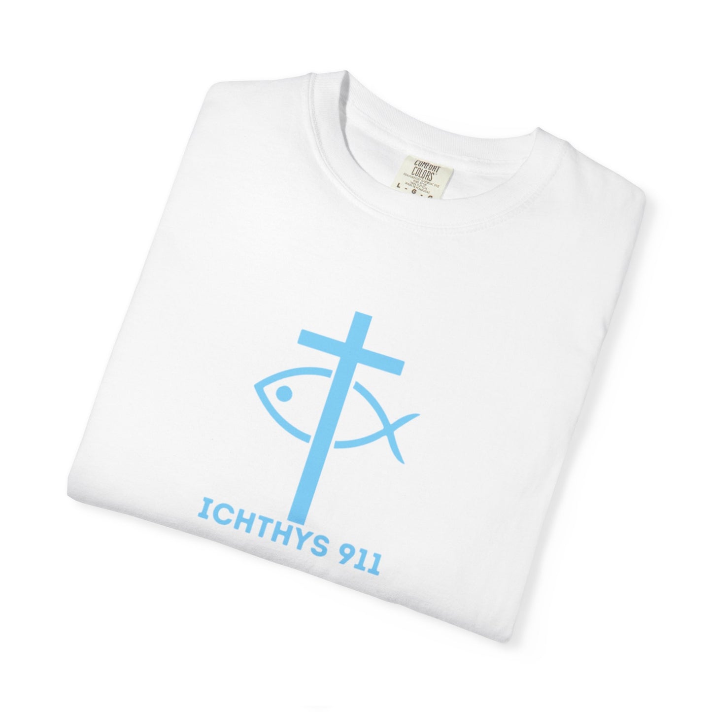 Jesus Christ Son of God Savior - Blue Font - Unisex Garment Dyed T- Shirt - Men T-Shirt - Women T-Shirt - Christian Streetwear T-Shirt – Jesus Gym & Faith Fashion - ICHTHYS 911