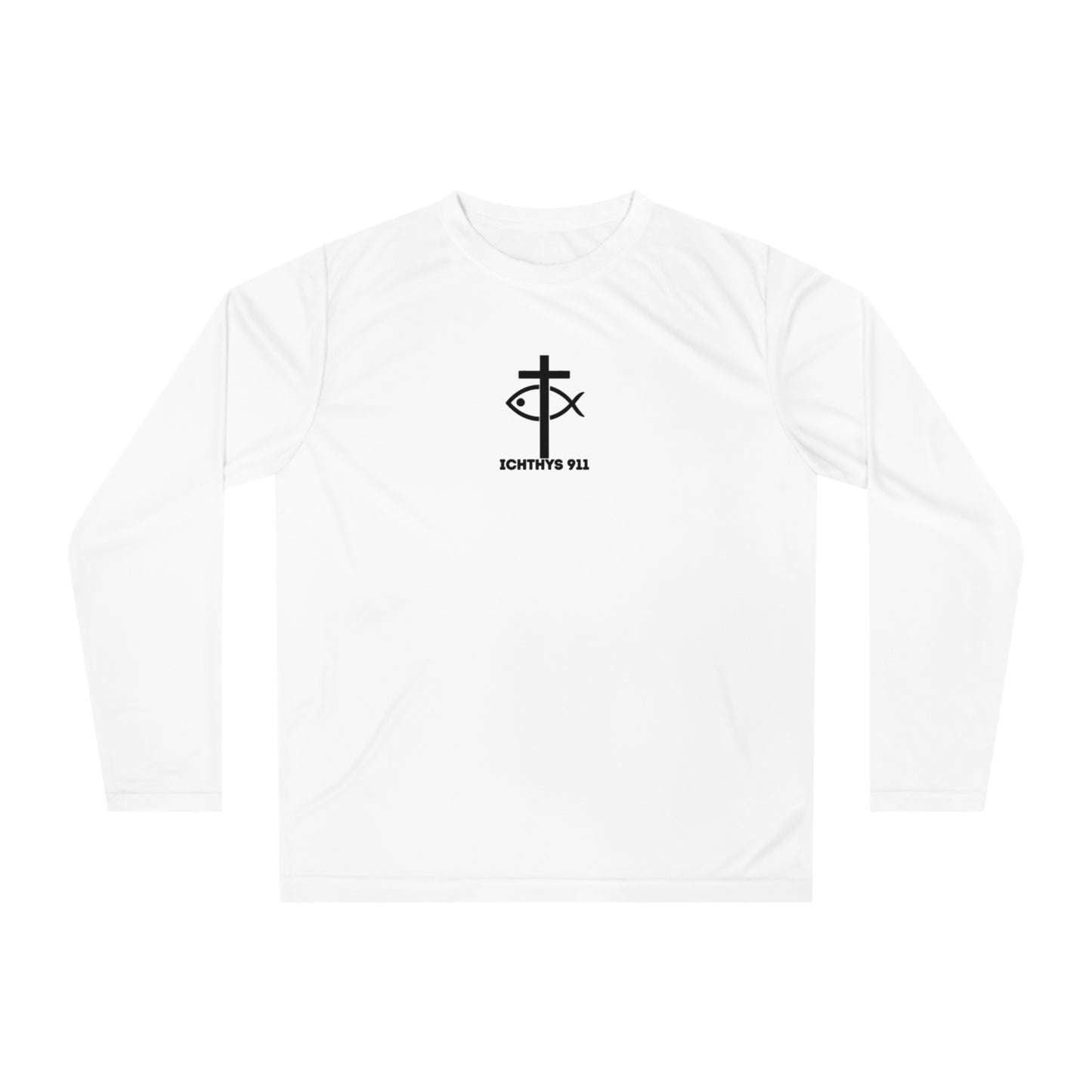 ICHTHYS 911 "Faith & Strength" Black Font - Unisex Performance Long Sleeve Shirt - Christian Activewear - Men - Women -100% Moisture-Wicking Poly