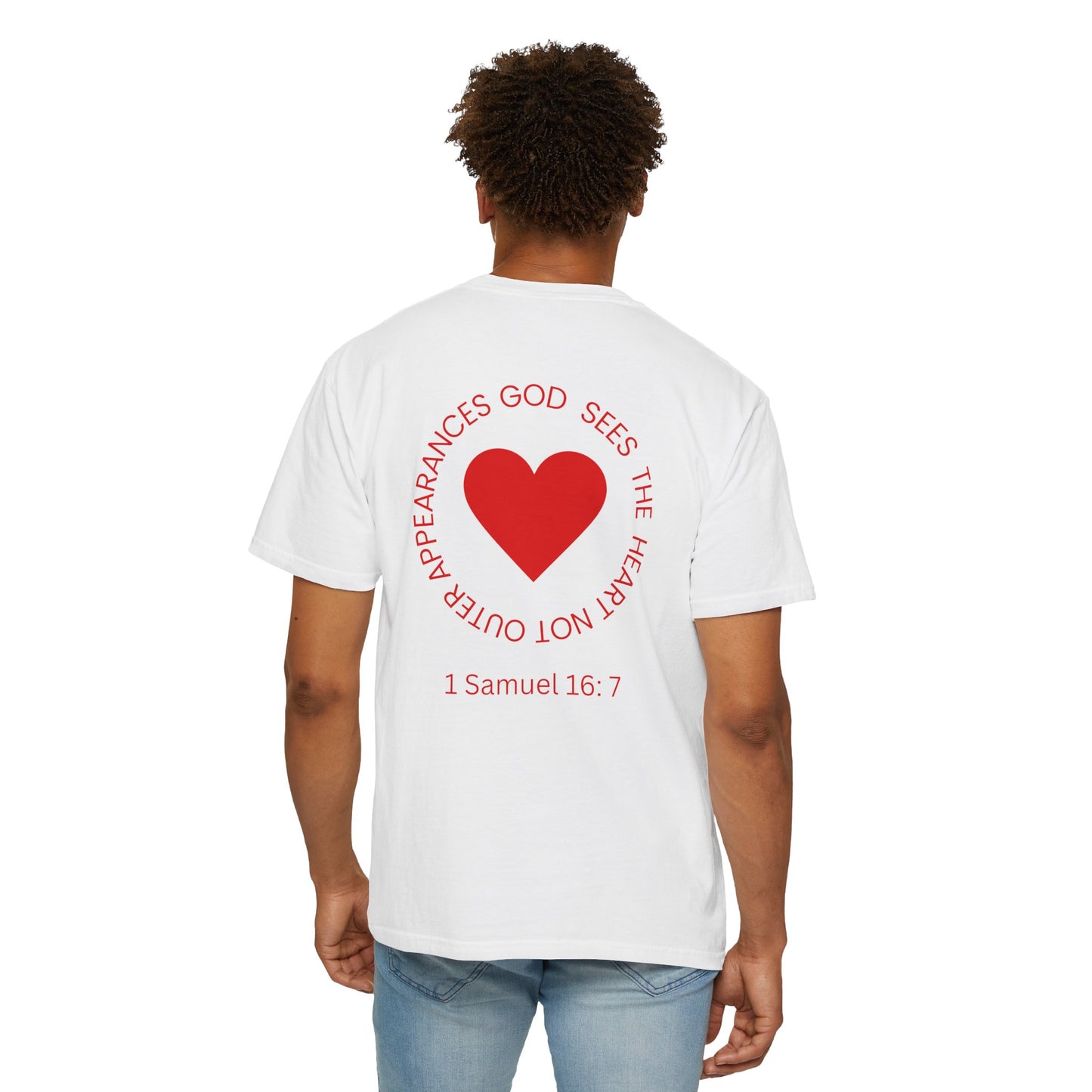 ICHTHYS 911 -  "God Sees the Heart" - White Font - Unisex Garment - Dyed T-Shirt - Inspirational Graphic T-Shirt for Everyday Motivation - 100% US cotton