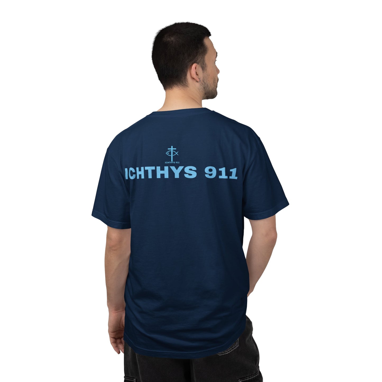 Authentic - Christian Streetwear T-Shirt – Jesus Gym & Faith Fashion, Unisex Garment-Dyed T-Shirt Blue Font - ICHTHYS 911