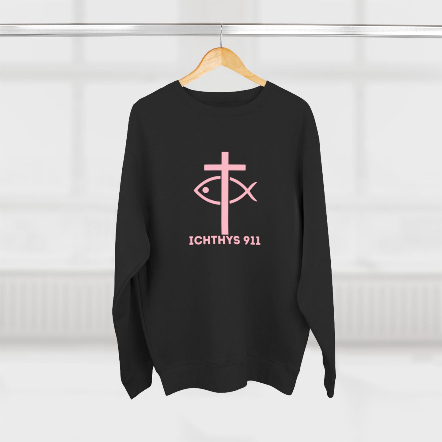 ICHTHYS 911 Minimal Pink Cross Crewneck Sweatshirt — Unisex -