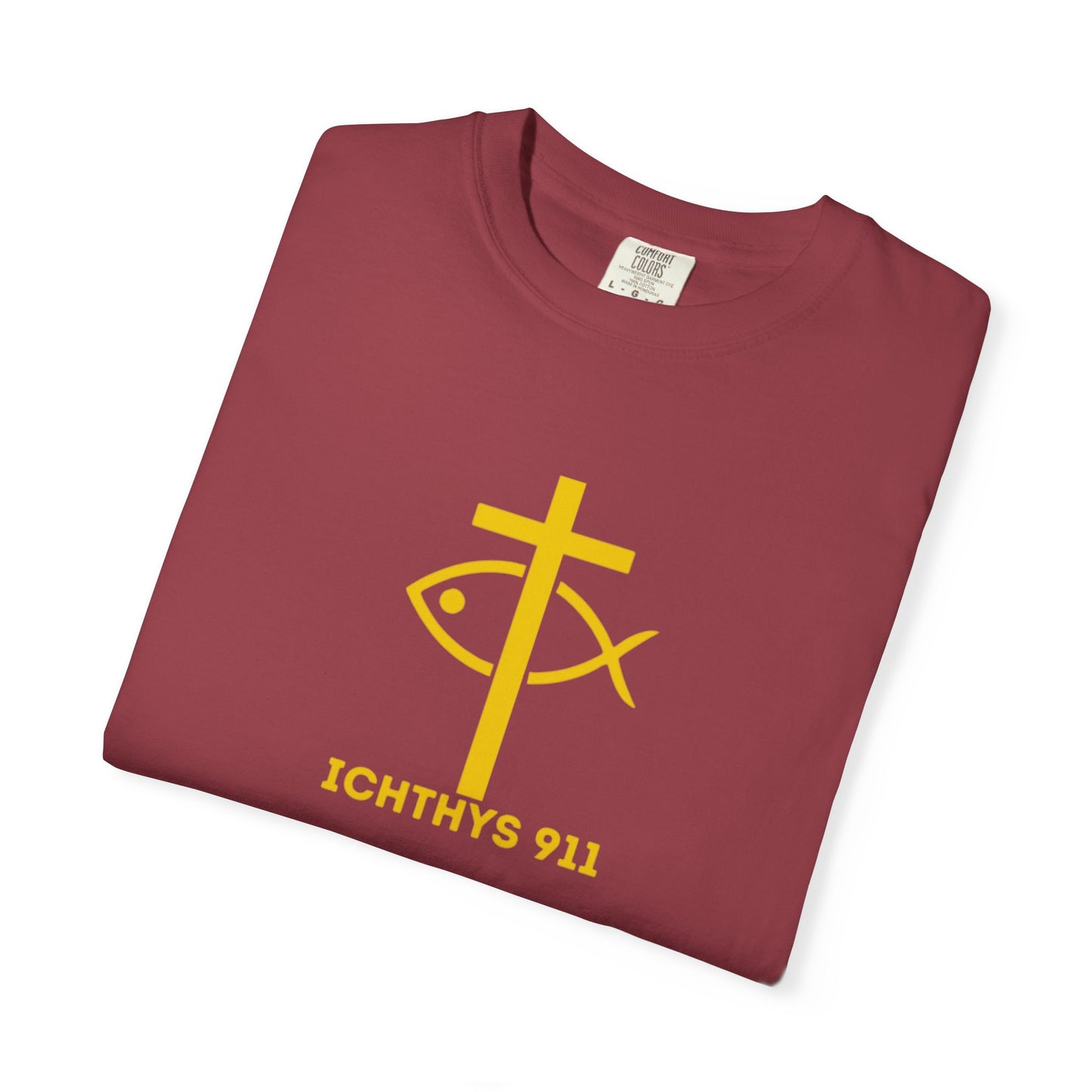 ICHTHYS 911 Gold Font "Faith, Hope, & Love" - Unisex Garment Dyed T-Shirt - 100# US Cotton - Men T-Shirt - Women T-Shirt - Christian T- Shirt -Faith-Inspired Shirt - Christian Fashion - Wear Your Faith