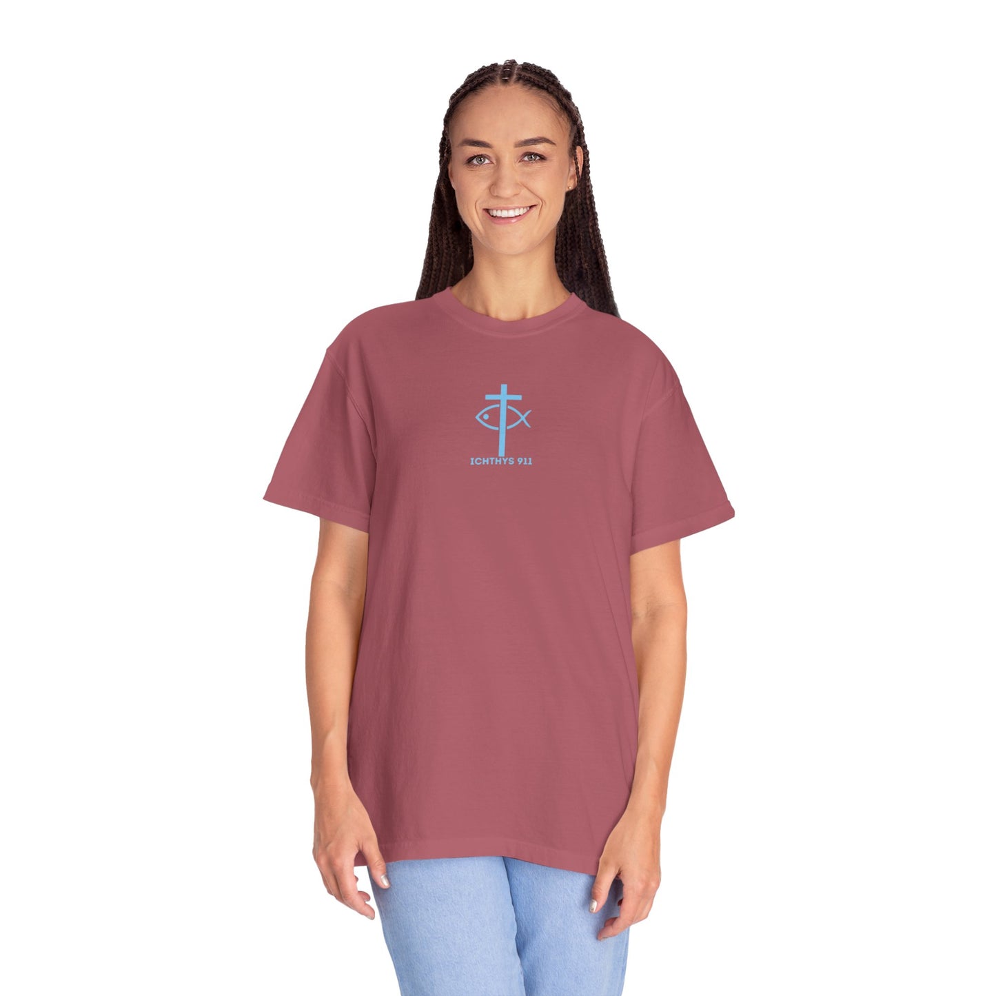 ICHTHYS 911 - Blue Font - Vendor - "Iēsous Christos, Theou Yios, Sōtēr" - Garment-Dyed Unisex T-Shirt - Men T-Shirt - Women T-Shirt - Christian Symbol - Greek - Faith Inspired -Christian Streetwear – Jesus Gym & Faith Fashion, Unisex Garment