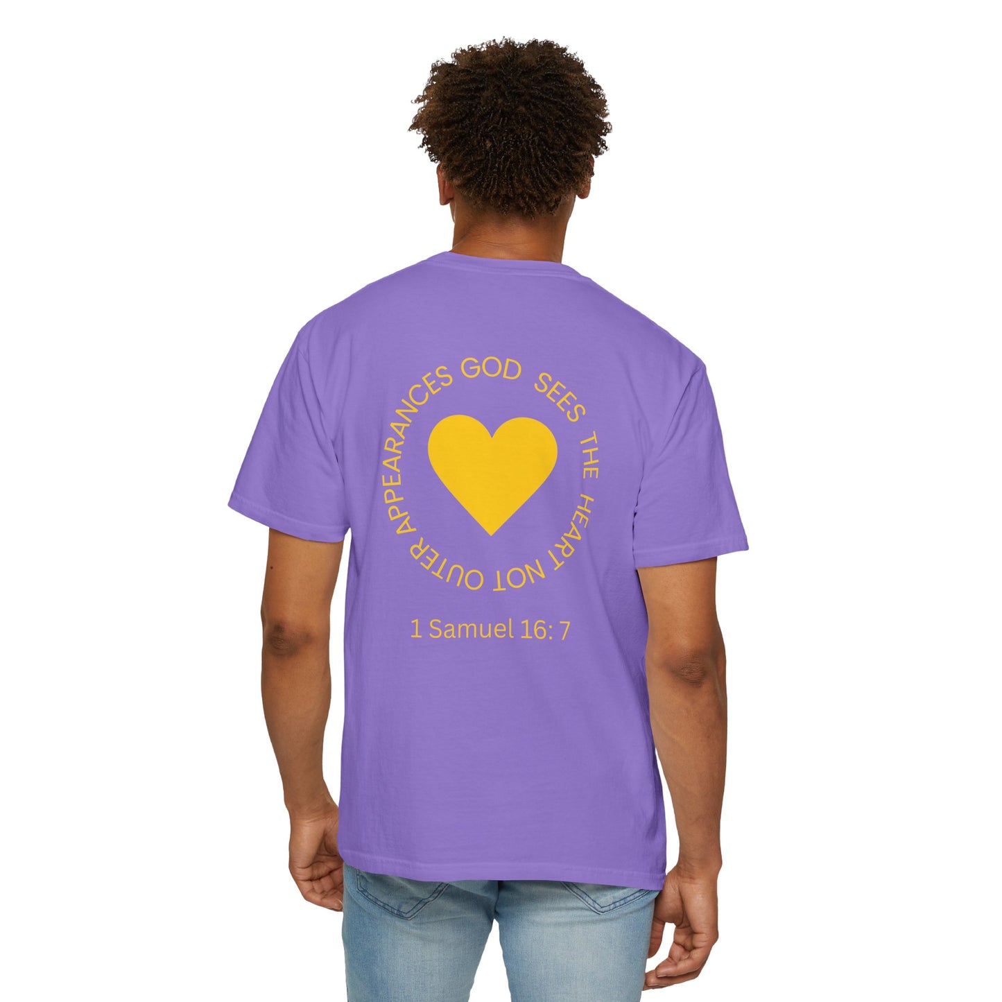 ICHTHYS 911 - "God Sees the Heart" Reverse' Gold Font - Unisex Garment - Dyed T-Shirt - 100% US Cotton - Men T-Shirt - Women T-Shirt - Inspirational Graphic T-Shirt for Everyday Motivation