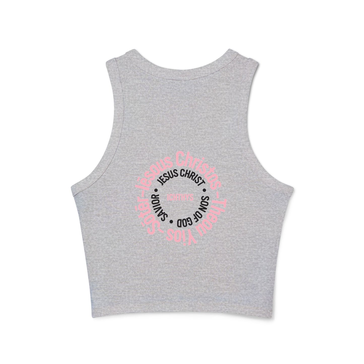 ICHTHYS 911 - Pink & Black Font "Iēsous Christos, Theou Yios, Sōtēr" - Faith-Inspired Women's Micro Rib Racer Tank Top - Cute Jesus Christ Design - Women Tank - Christian - Work Out