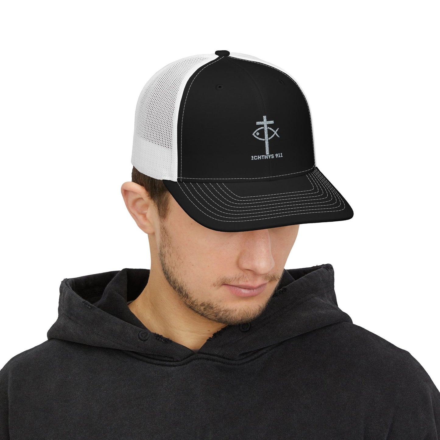 ICHTHYS 911 Embroidered Snapback Trucker Cap - Faith-Inspired Outdoor Hat - Jesus