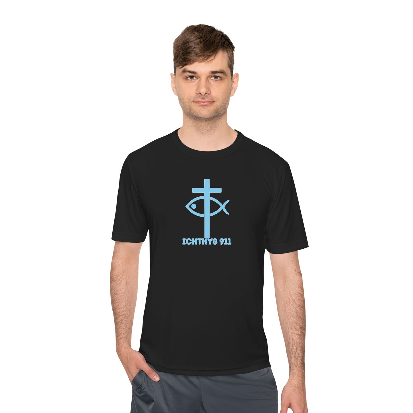 ICHTHYS 911 - Blue Font - "Jesus Is His Name Saving Souls is His Game" - Unisex Performance Shirt -Men T-Shirt - Women - Moisture Wicking Tee911
