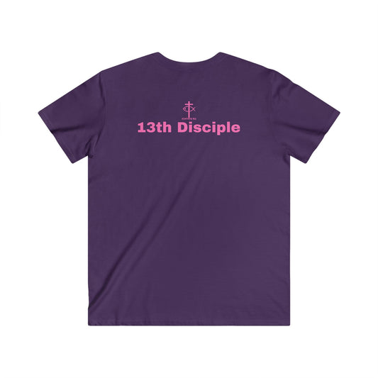 "13th Disciple" Collection - Men's Fitted V-Neck Short Sleeve T - Shirt - W/O IC 911 on Back - Faith-Inspired - Christian Faith - Pink Font - ICHTHYS 911