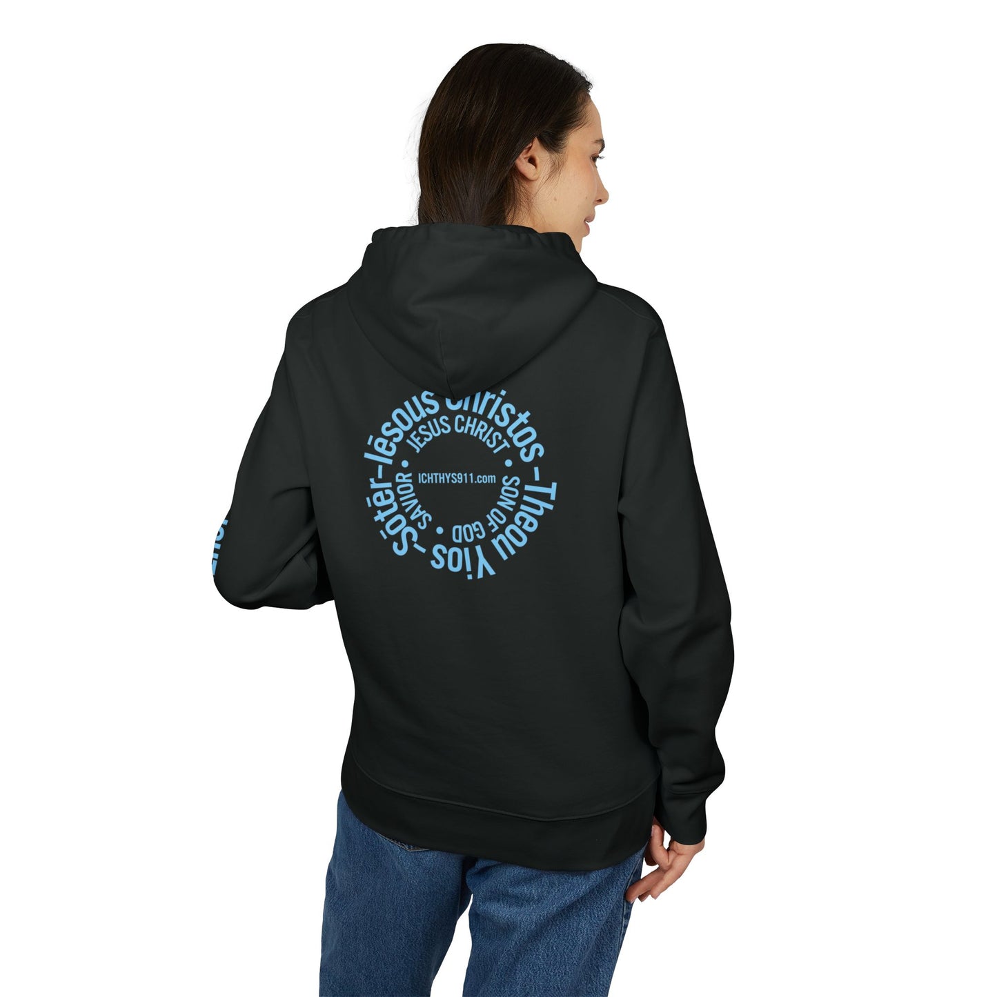 Iēsous Christos, Theou Yios, Sōtēr = Jesus Christ, Son of God, Savior - Unisex - Blue Font - Sweatshirt - ICHTHYS 911 - Hoodie -100% Organic- Heavy