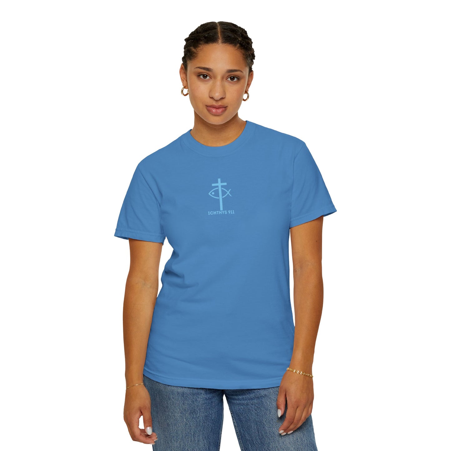ICHTHYS 911 - Blue Font - Vendor - "Iēsous Christos, Theou Yios, Sōtēr" - Garment-Dyed Unisex T-Shirt - Men T-Shirt - Women T-Shirt - Christian Symbol - Greek - Faith Inspired -Christian Streetwear – Jesus Gym & Faith Fashion, Unisex Garment