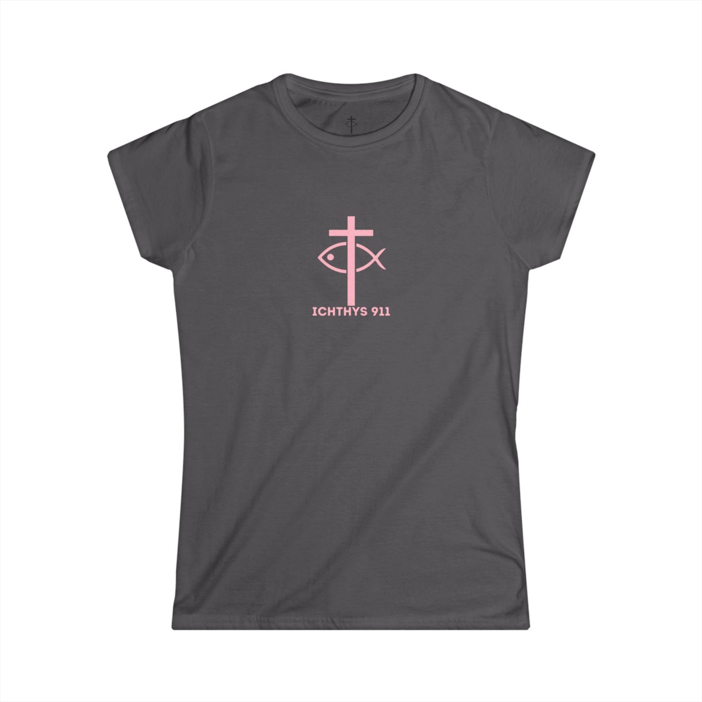 ICHTHYS 911 Pink Font "Run With Endurance" - Inspirational Faith Tee for Women - Wear Your Faith - Hebrews 12:1 - Semi-Fitted