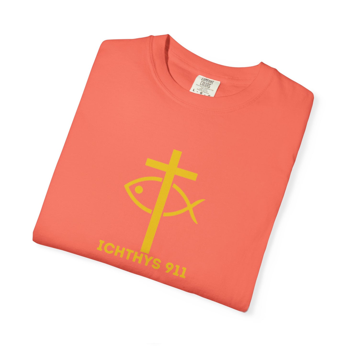 "Jesus Christ Son of God Savior" - Gold Font - Unisex Garment Dyed T- Shirt - Men T-Shirt - Women T-Shirt - Christian Streetwear T-Shirt – Jesus Gym & Faith Fashion,ICHTHYS 911 -