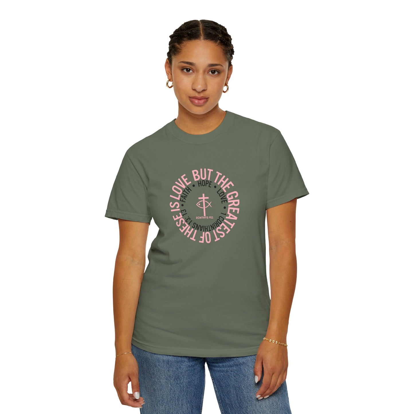 ICHTHYS 911 Pink Font "Faith, Hope, & Love Reverse" - Unisex Garment Dyed T-Shirt - 100% US Cotton - Men T-Shirt - Christian Women Tee - Faith-Inspired Shirt - Christian Fashion - Wear Your Faith