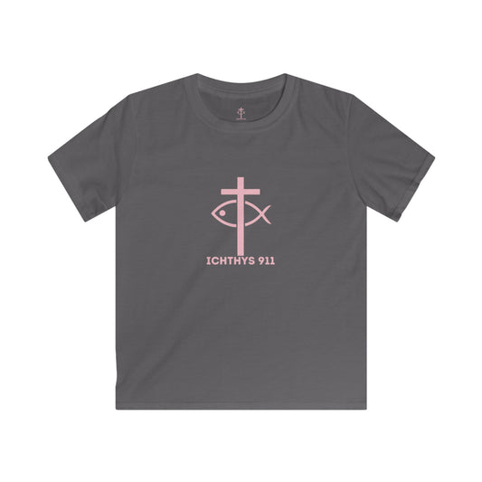 Kids Faith T-Shirt -ICHTHYS 911 Design Pink Font