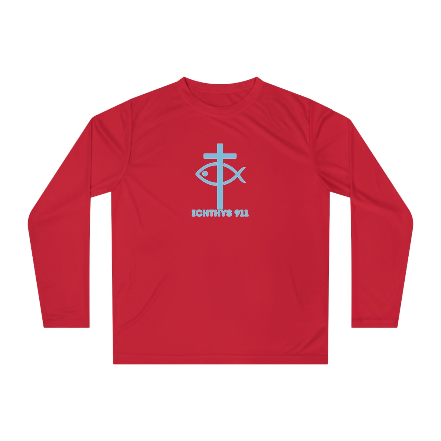 ICHTHYS 911 "Strength Through Christ Philippians 4:13" - Blue Font - Unisex Performance Long Sleeve Shirt - Men - Women - 100% Moisture-Wicking Poly - Christian Activewear