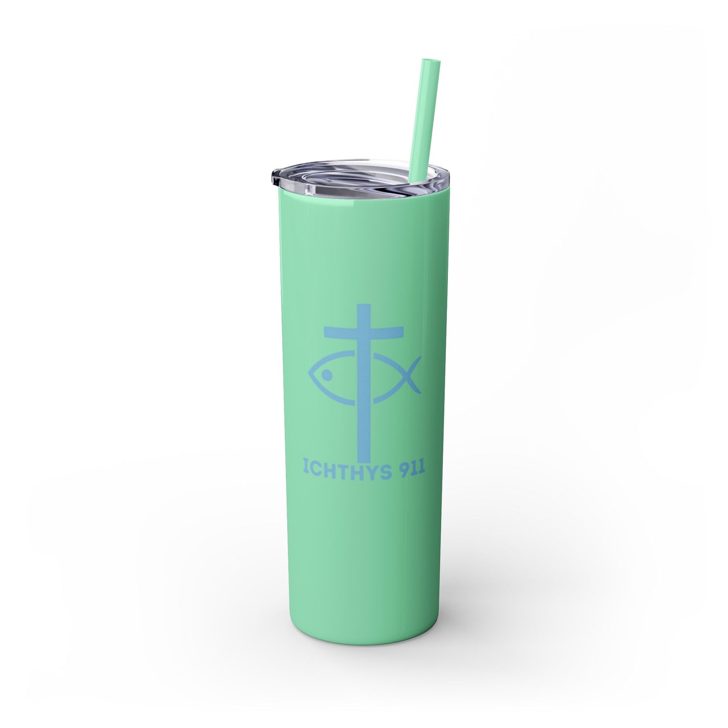 ICHTHYS 911 Pink & Blue Faith-Inspired Skinny Tumbler with Straw - 20oz Baby Shower Drip - Party Favor