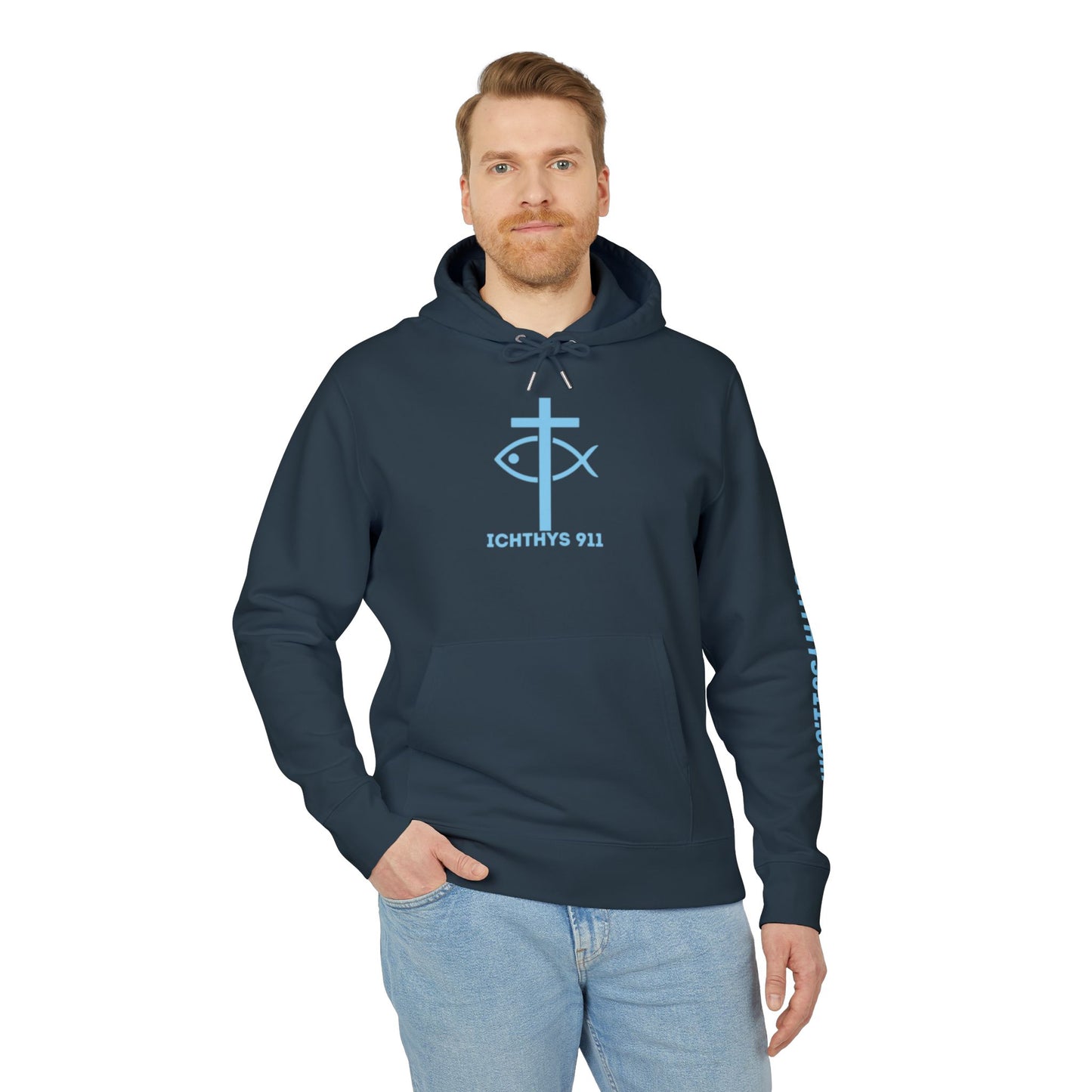 Iēsous Christos, Theou Yios, Sōtēr = Jesus Christ, Son of God, Savior - Unisex - Blue Font - Sweatshirt - ICHTHYS 911 - Hoodie -100% Organic- Heavy