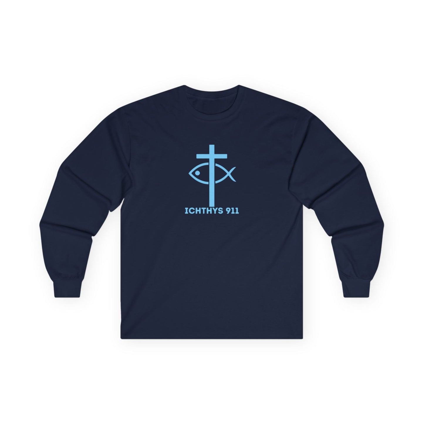 Strength Through Christ Philippians 4:13 - Blue Font - Unisex Shirt - Men - Women - Christian Activewear - Wear Your Faith Long Sleeve Tee - ICHTHYS 911
