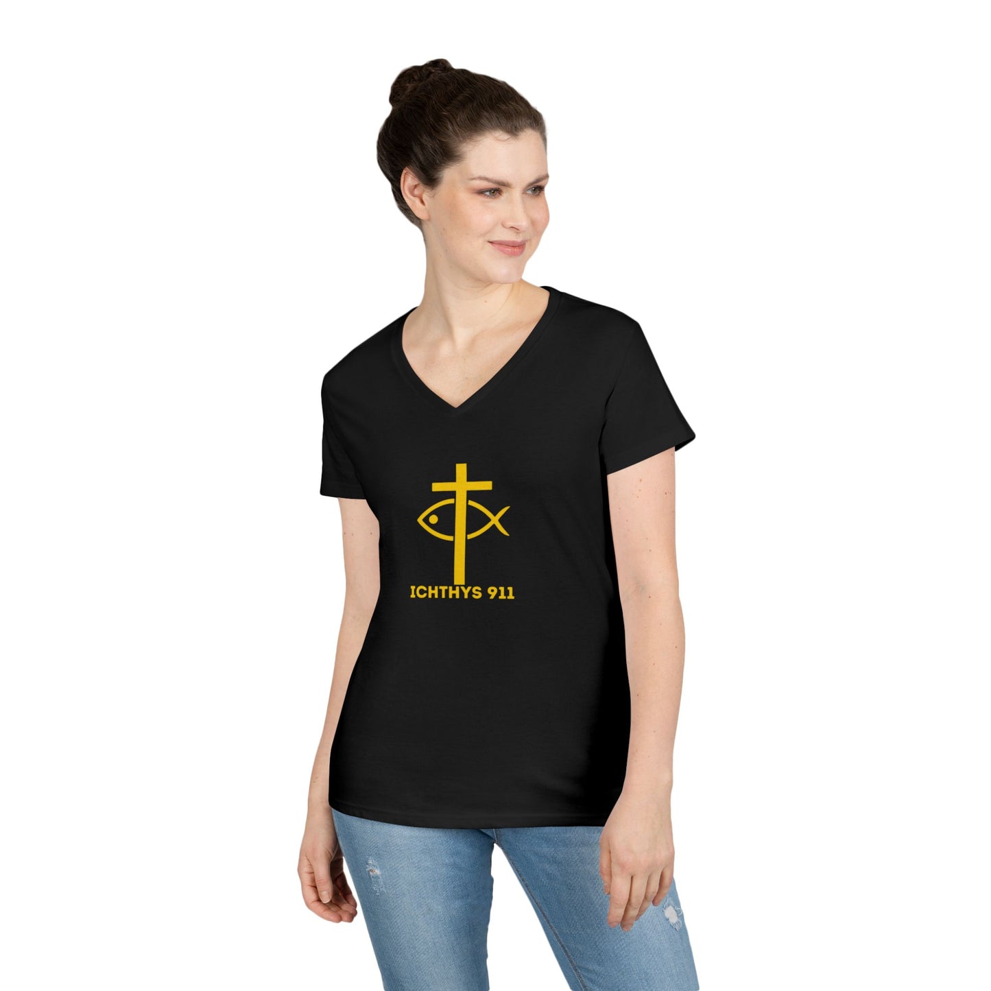 God Sees The Heart Gold Font Women’s Faith-Inspired V-Neck T-Shirt - ICHTHYS 911 Design911 Design