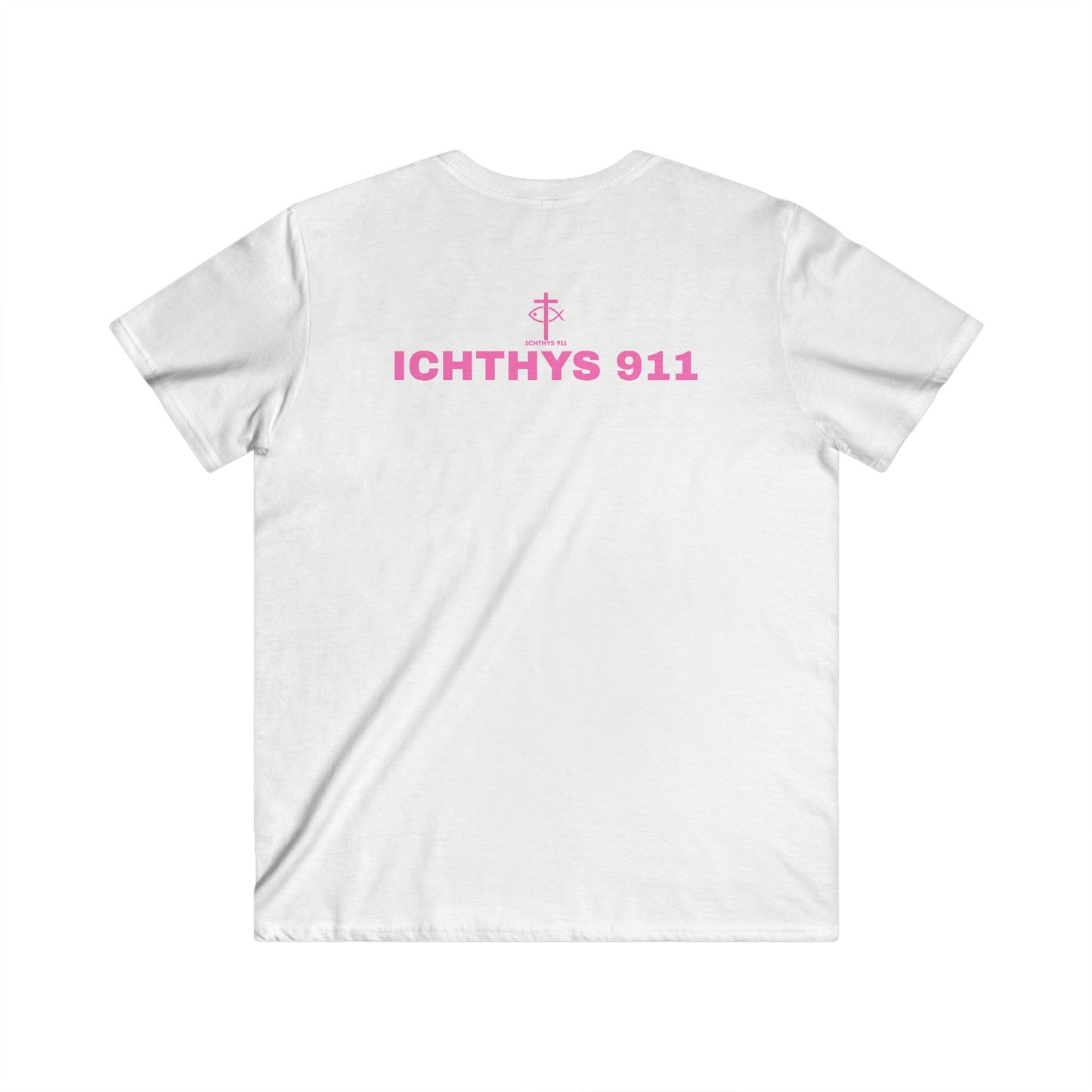 Authentic Collection - Men's Fitted V-Neck Short Sleeve T - Shirt - Faith-Inspired - Christian Faith - Pink Font - ICHTHYS 911