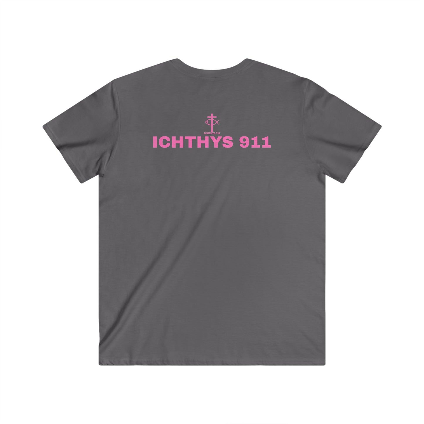 Authentic Collection - Men's Fitted V-Neck Short Sleeve T - Shirt - Faith-Inspired - Christian Faith - Pink Font - ICHTHYS 911