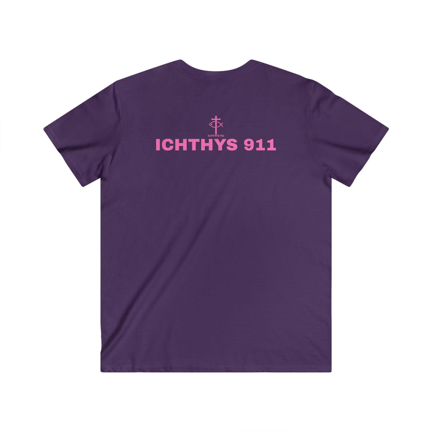 Authentic Collection - Men's Fitted V-Neck Short Sleeve T - Shirt - Faith-Inspired - Christian Faith - Pink Font - ICHTHYS 911