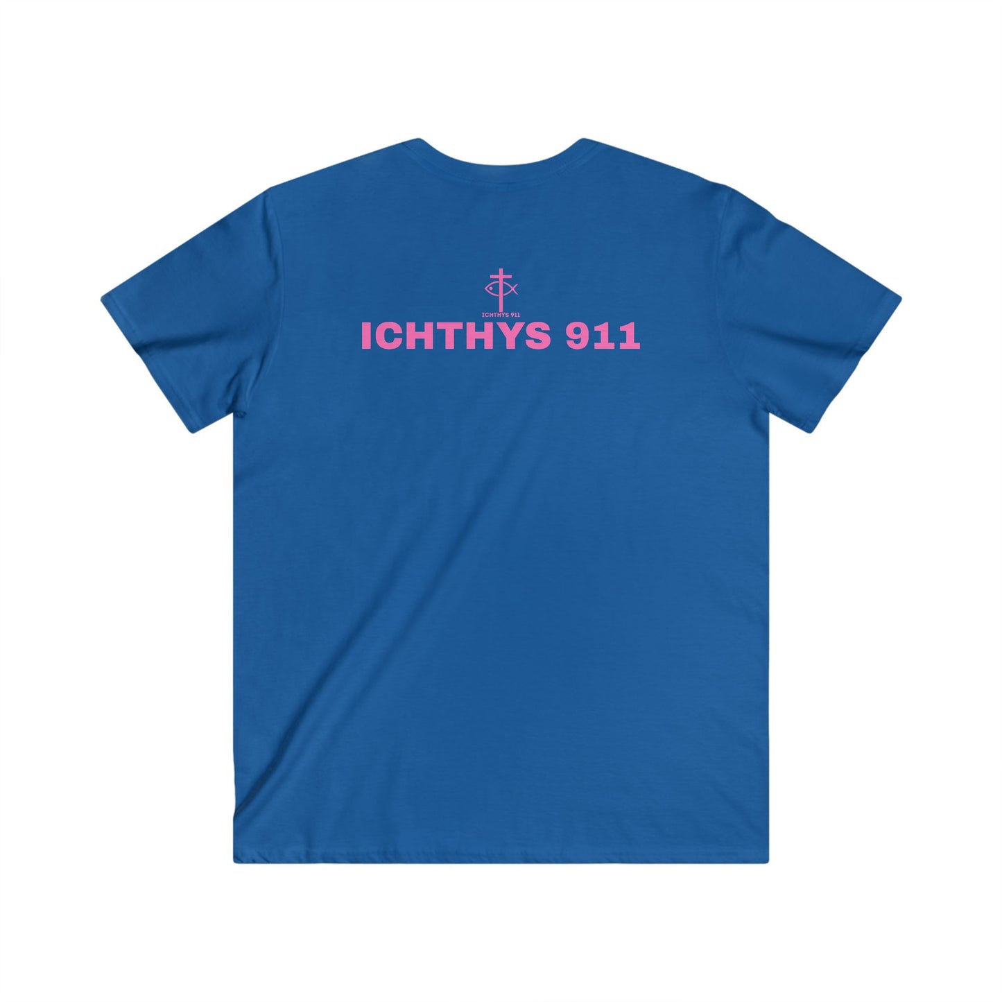 Authentic Collection - Men's Fitted V-Neck Short Sleeve T - Shirt - Faith-Inspired - Christian Faith - Pink Font - ICHTHYS 911