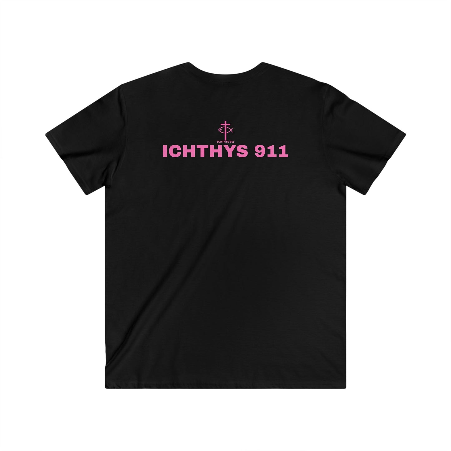 Authentic Collection - Men's Fitted V-Neck Short Sleeve T - Shirt - Faith-Inspired - Christian Faith - Pink Font - ICHTHYS 911