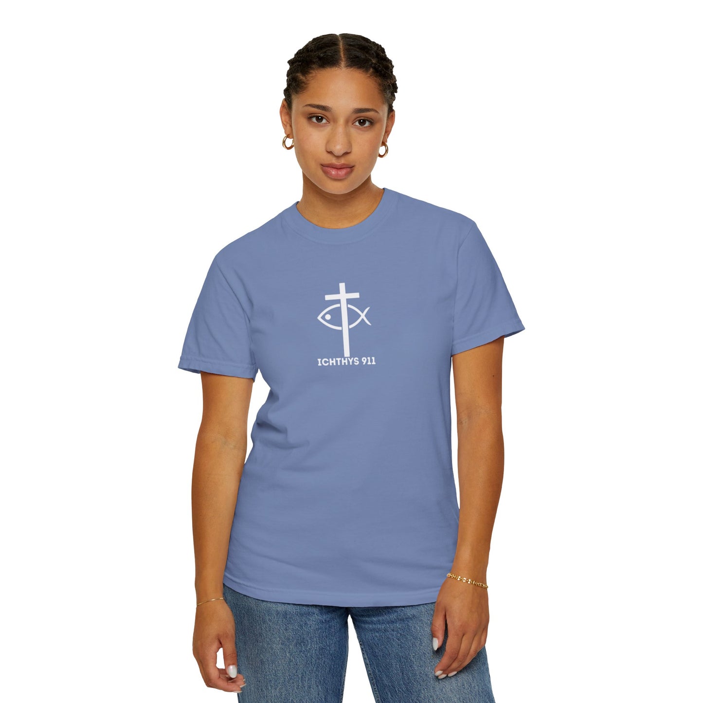 ICHTHYS 911 - White Font "Authentic" - Christian Streetwear T-Shirt – Unisex - Women T-Shirt - Men T-Shirt - Jesus Gym & Faith Fashion, Unisex Garment-Dyed T-Shirt