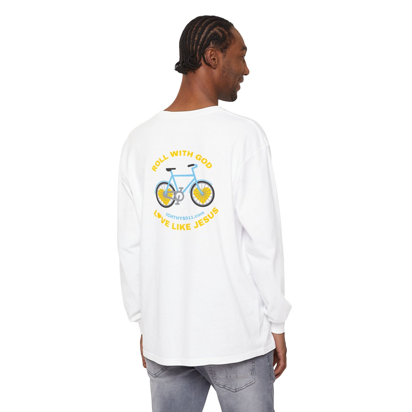 “Roll With God, Love Like Jesus” Bike Graphic -Unisex T- Shirt - Gold Font - Men T- Shirt - Women T-Shirt - Christian T-Shirt - ICHTHYS 911 - Soft - Garment-Dyed