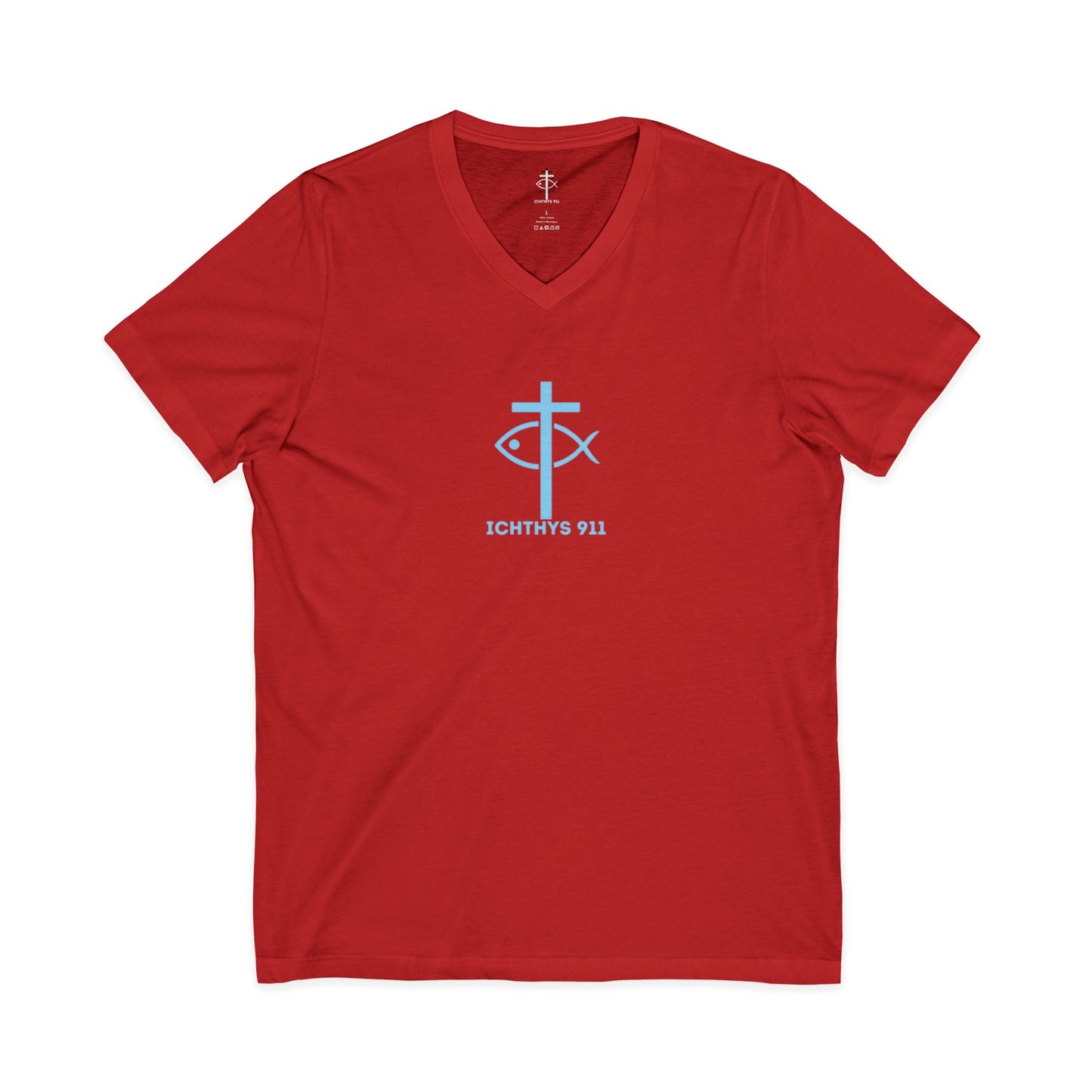 Jesus Is His Name, Saving Souls For Eternity is His Game - Blue Font - V-Neck - Unisex -Men T-Shirt - Women T-Shirt - Christian T - Faith-Inspired Unisex V-Neck Tee - Perfect for Christians - ICHTHYS 911 Design