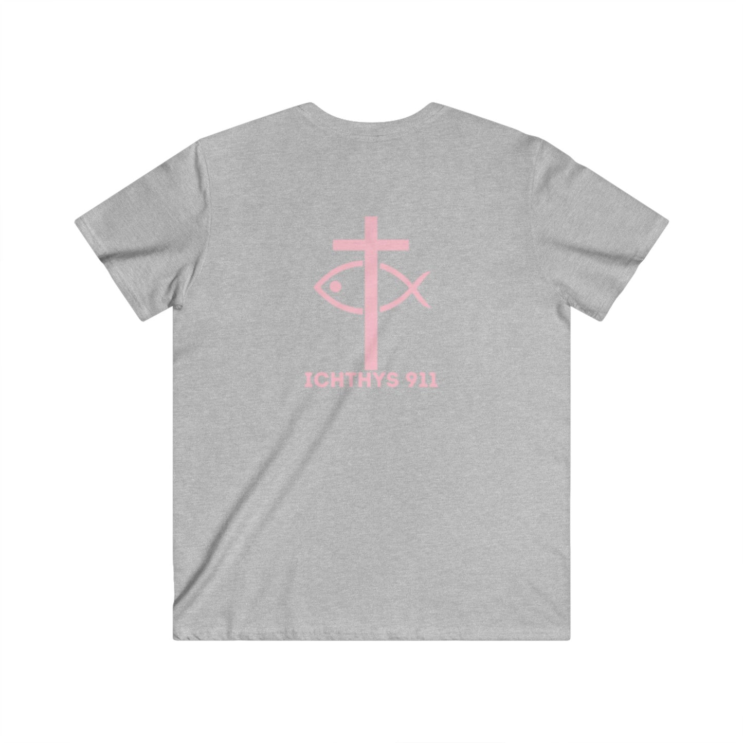 Authentic Round Collection - Reverse - Men's Fitted V-Neck Short Sleeve T - Shirt - Faith-Inspired - Christian Faith - Pink Font - ICHTHYS 911
