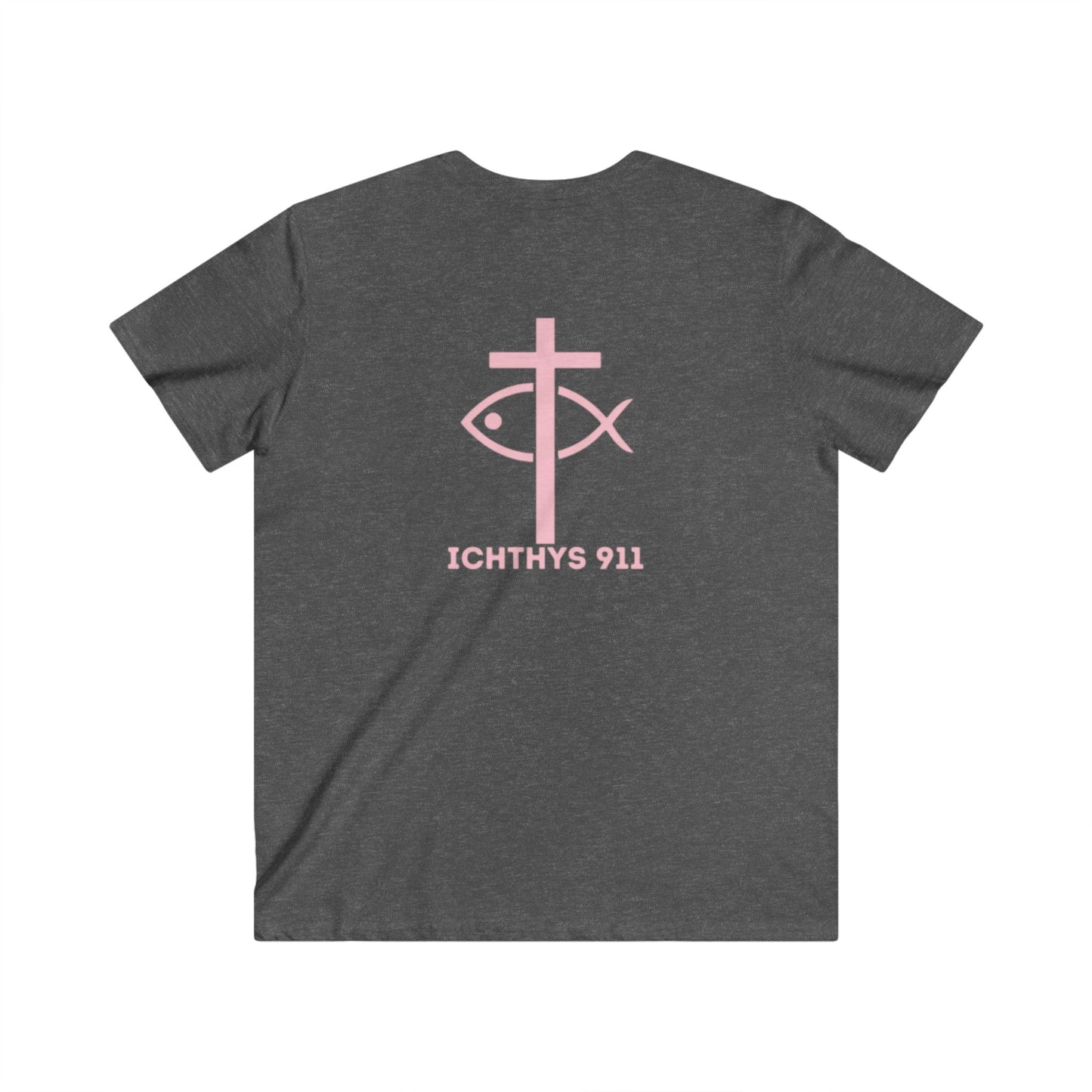Authentic Round Collection - Reverse - Men's Fitted V-Neck Short Sleeve T - Shirt - Faith-Inspired - Christian Faith - Pink Font - ICHTHYS 911