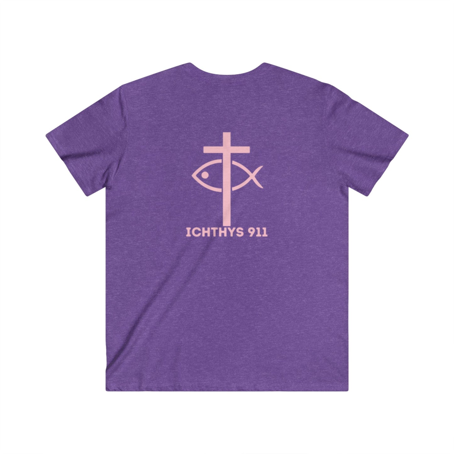 Authentic Round Collection - Reverse - Men's Fitted V-Neck Short Sleeve T - Shirt - Faith-Inspired - Christian Faith - Pink Font - ICHTHYS 911