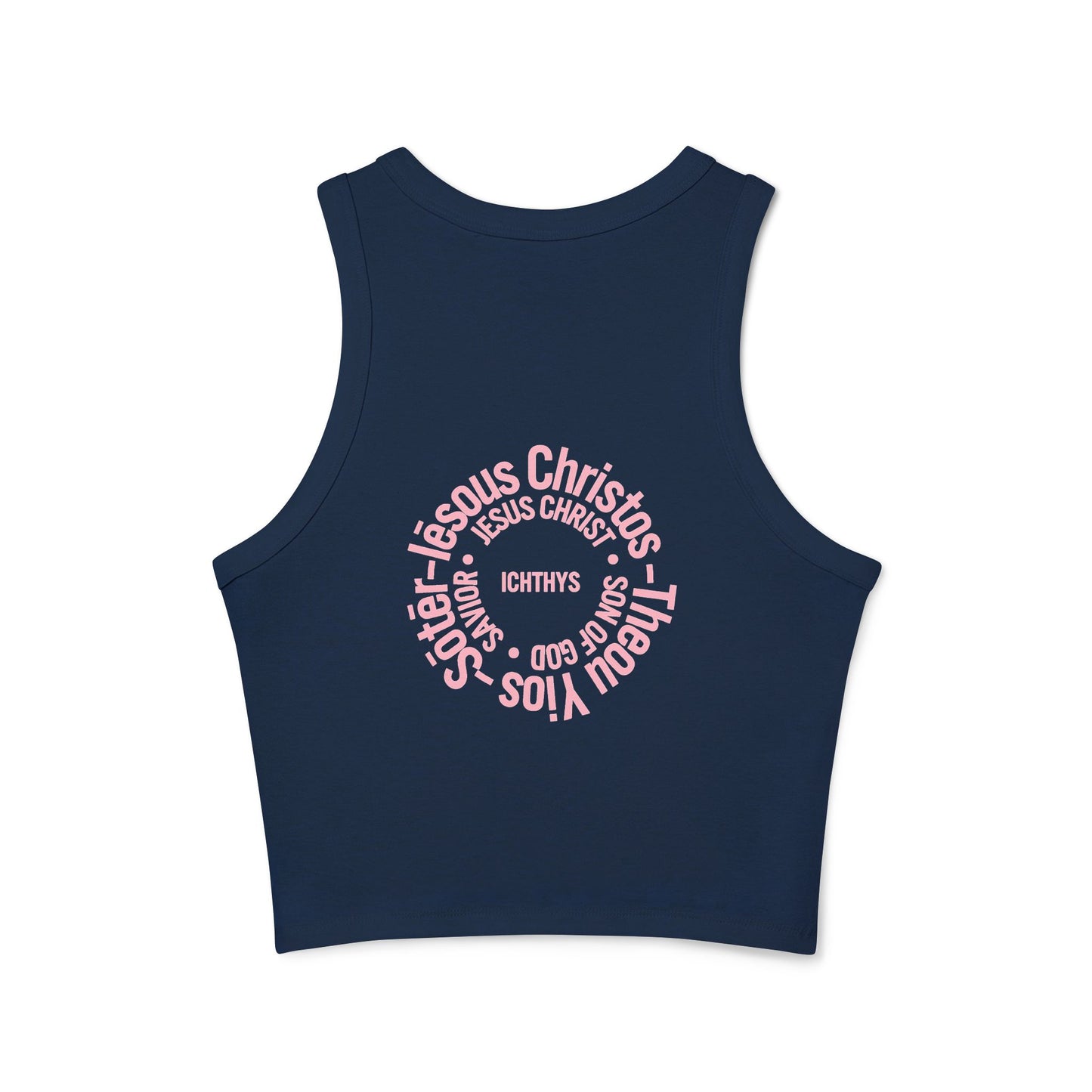 Iēsous Christos, Theou Yios, Sōtēr - Pink Font Faith-Inspired Women's Micro Rib Racer Tank Top - Cute Jesus Christ Design - Women Tank - Christian - Work Out - ICHTHYS 911 Design
