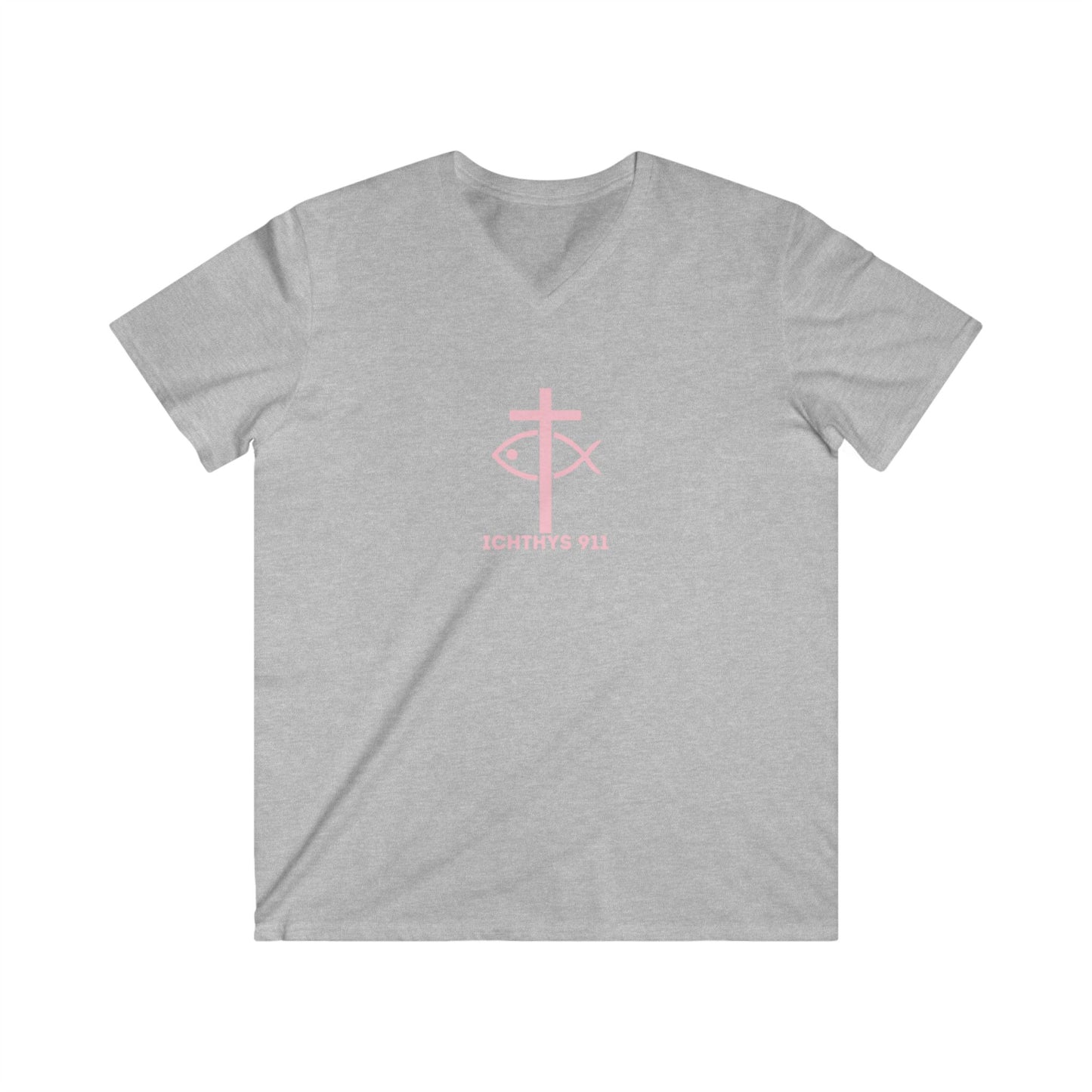 ICHTHYS 911 - Authentic Collection - Men's Fitted V-Neck Short Sleeve T - Shirt - Faith-Inspired - Christian Faith - Light Pink Font