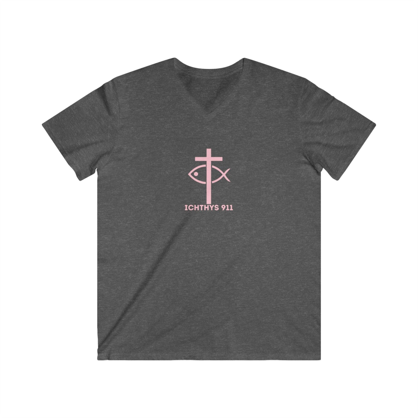 ICHTHYS 911 - Authentic Collection - Men's Fitted V-Neck Short Sleeve T - Shirt - Faith-Inspired - Christian Faith - Light Pink Font