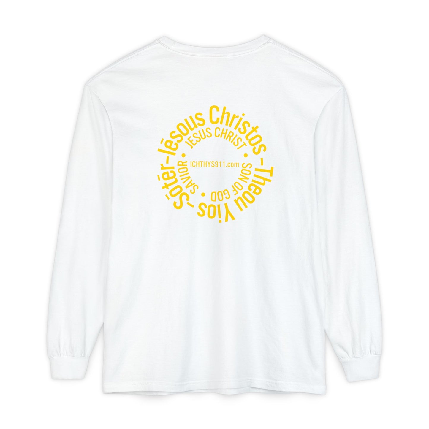 Authentic ICHTHYS 911 Collection -  Gold Font - Unisex Garment Dyed Long Sleeve T-Shirt - Men Long Sleeve - Women Long Sleeve - Christian Faith Symbol Tee - Faith Inspired