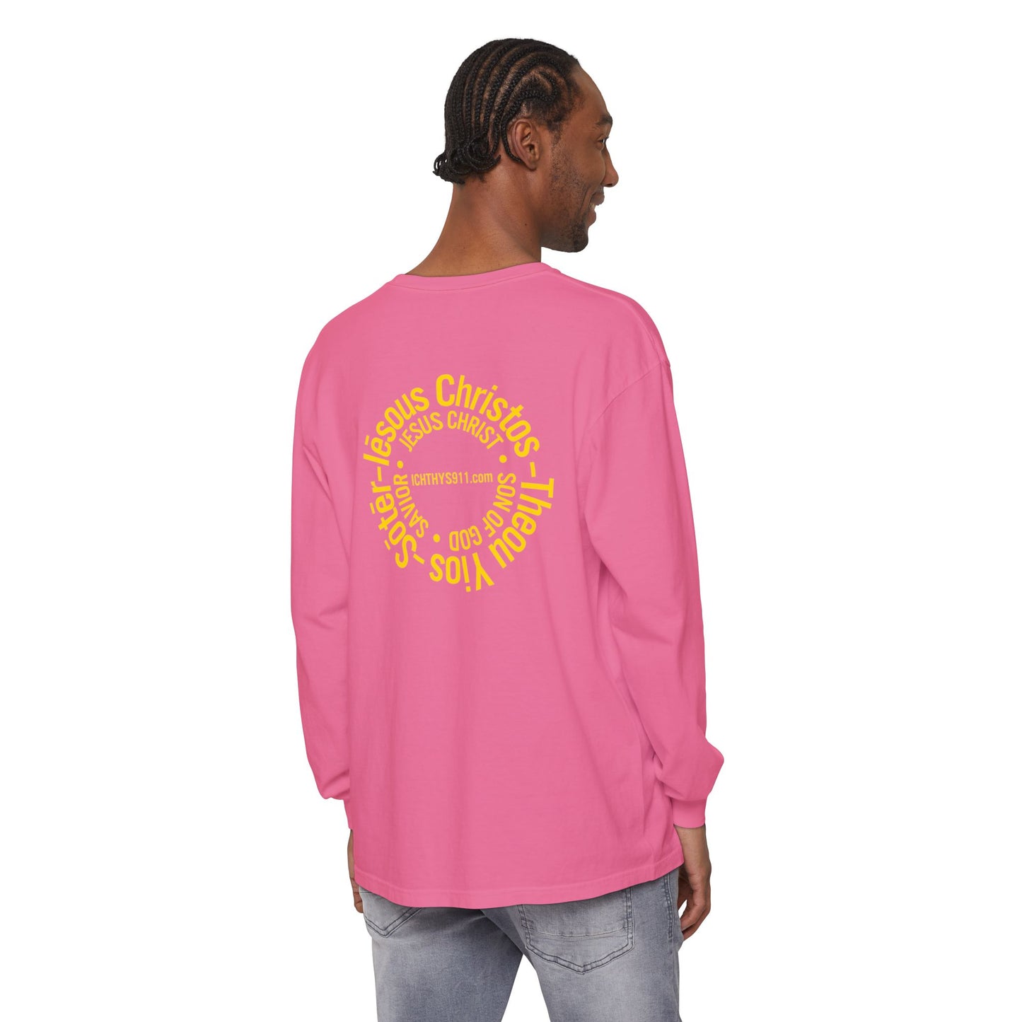 Authentic ICHTHYS 911 Collection -  Gold Font - Unisex Garment Dyed Long Sleeve T-Shirt - Men Long Sleeve - Women Long Sleeve - Christian Faith Symbol Tee - Faith Inspired