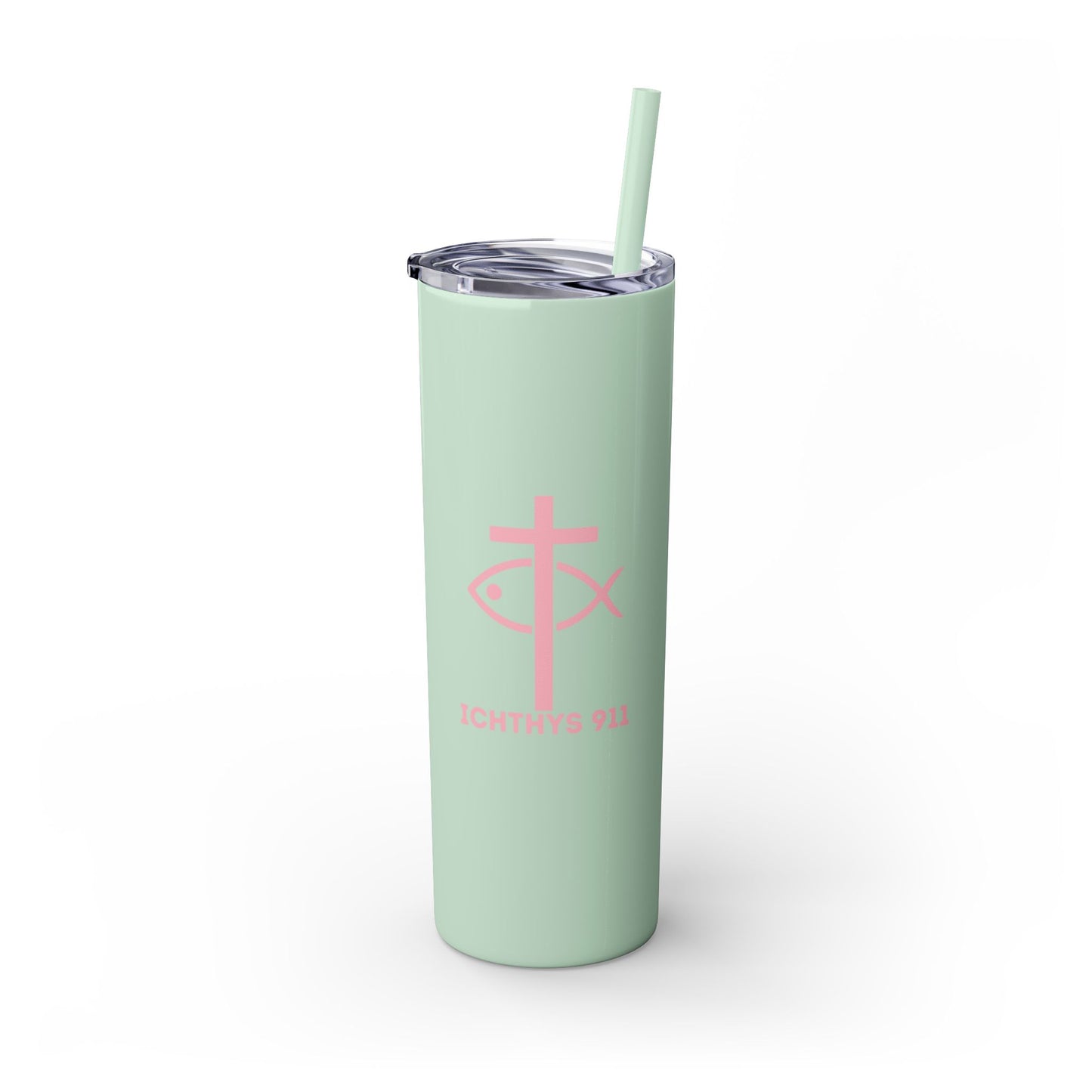 ICHTHYS 911 Pink Font Faith-Inspired Skinny Tumbler with Straw - 20oz