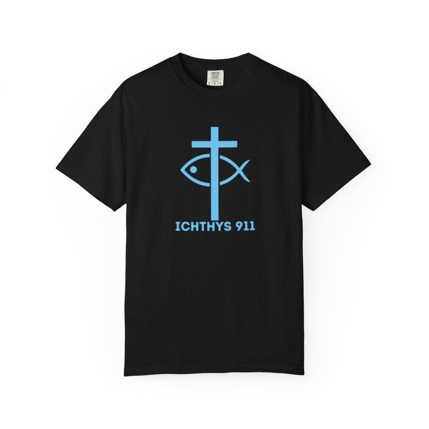 Jesus Christ Son of God Savior - Blue Font - Christian Streetwear T-Shirt – Jesus Gym & Faith Fashion, Unisex Garment-Dyed T-Shirt- ICHTHYS 911
