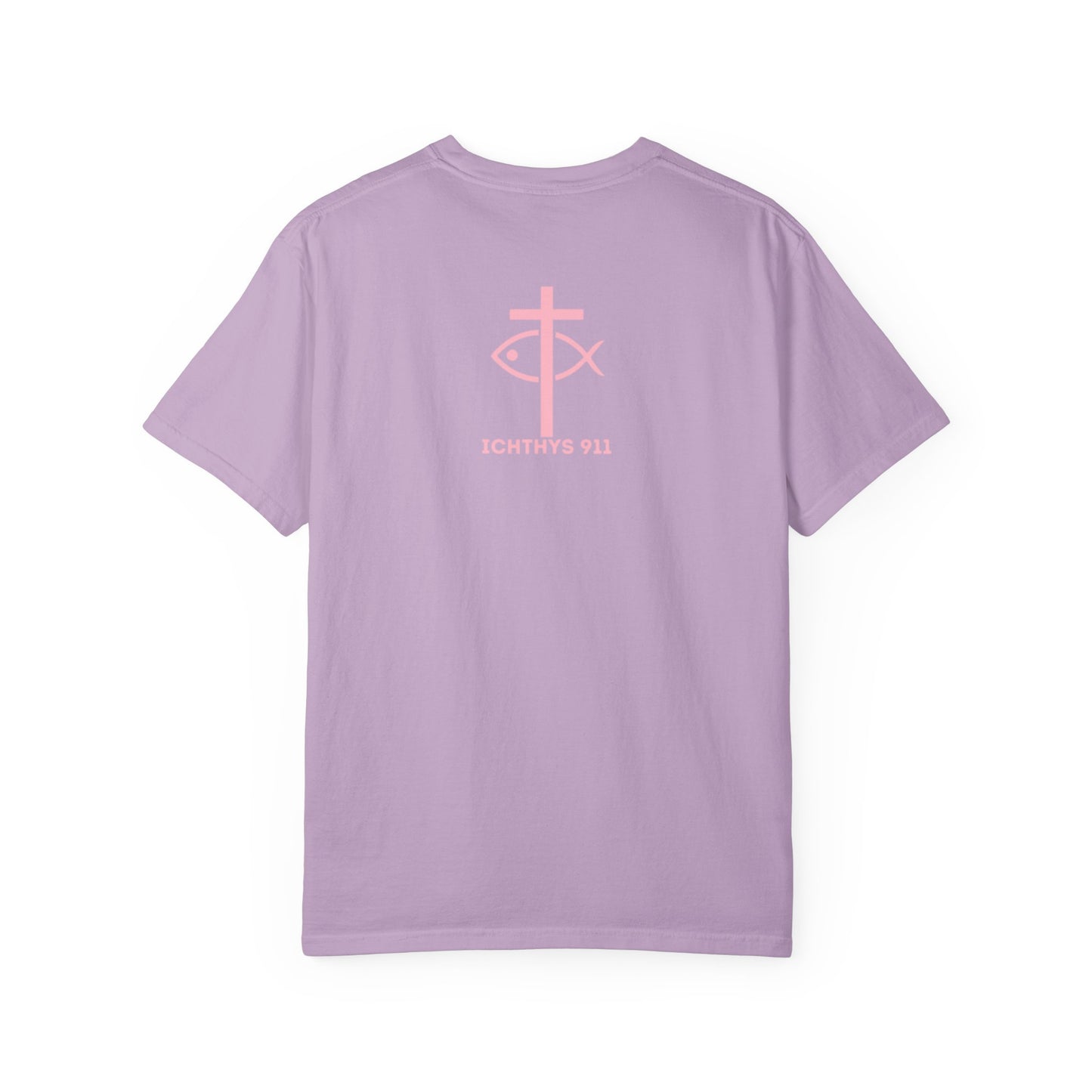 ICHTHYS 911 Pink Font "Badge Collection" - Unisex Garment Dyed T-Shirt 100% US Cotton - Christian Graphic Tee - Gym - T - Christian Faith - Jesus Wear - Women T-Shirt - Men T-Shirt - Garment Dyed