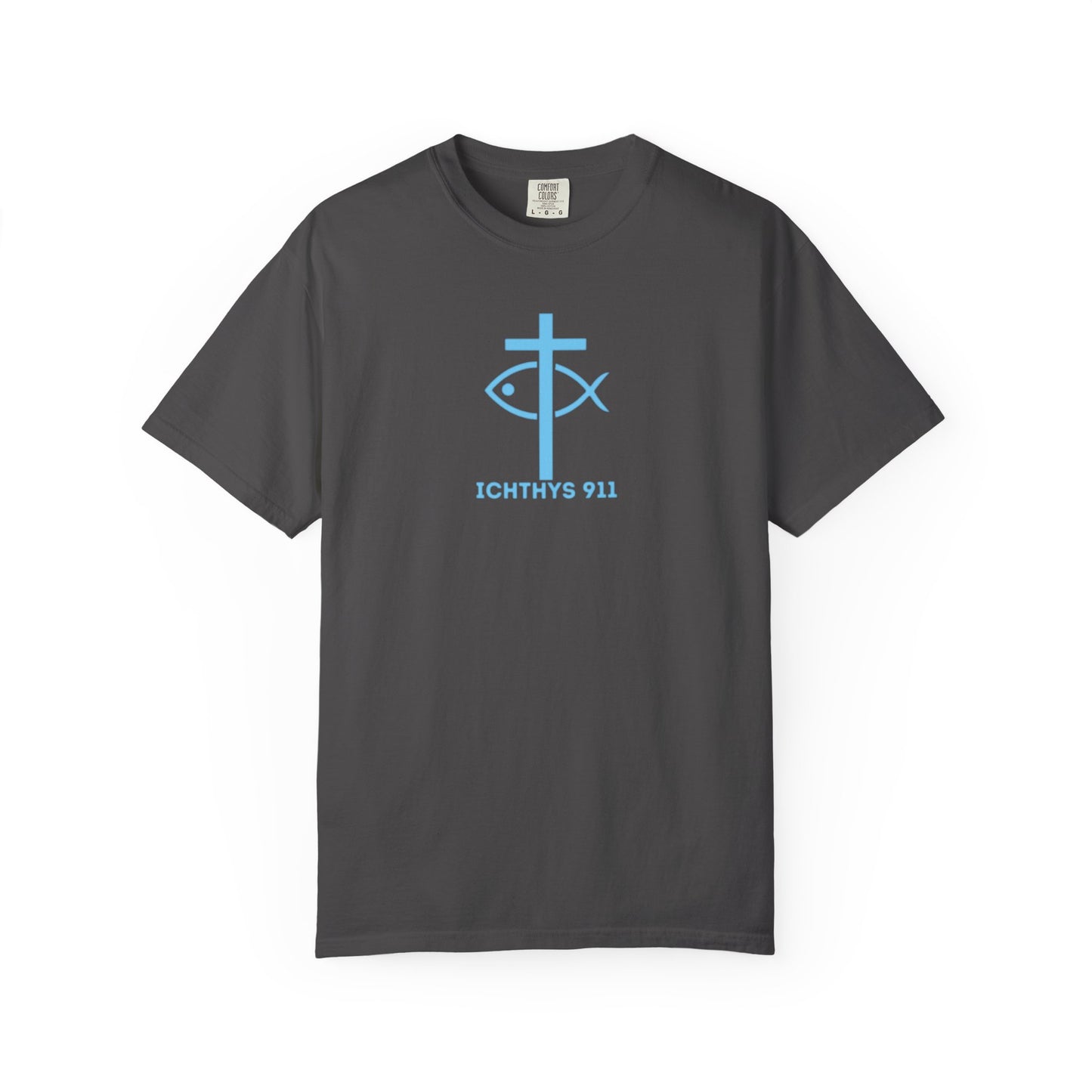 Jesus Christ Son of God Savior - Blue Font - Christian Streetwear T-Shirt – Jesus Gym & Faith Fashion, Unisex Garment-Dyed T-Shirt, ICHTHYS911, Men T-Shirt, Women T-Shirt